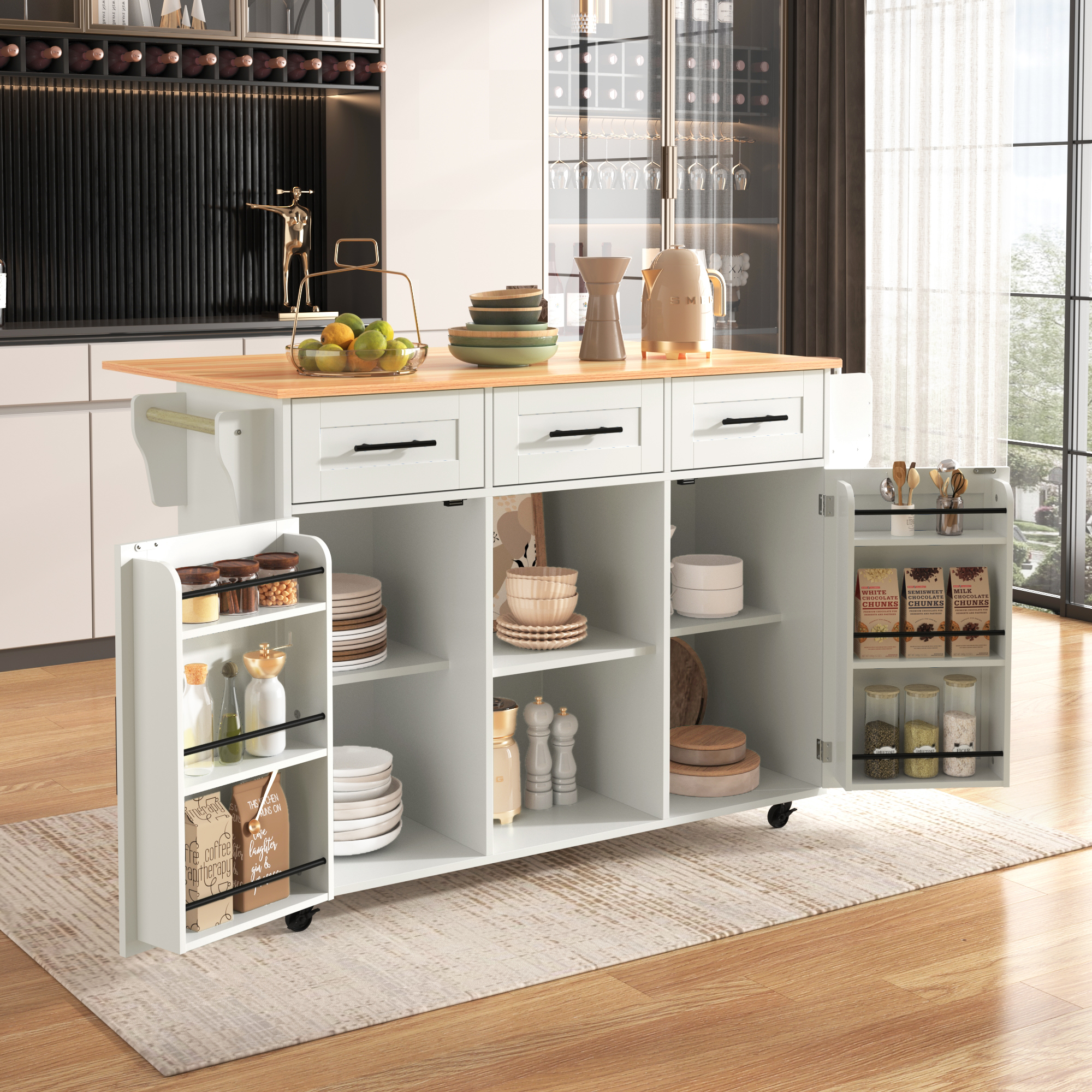 Buffet, pliable, mobile sur roulettes, 139 x 46 x 91,5 cm, bois massif, blanc - vue 5