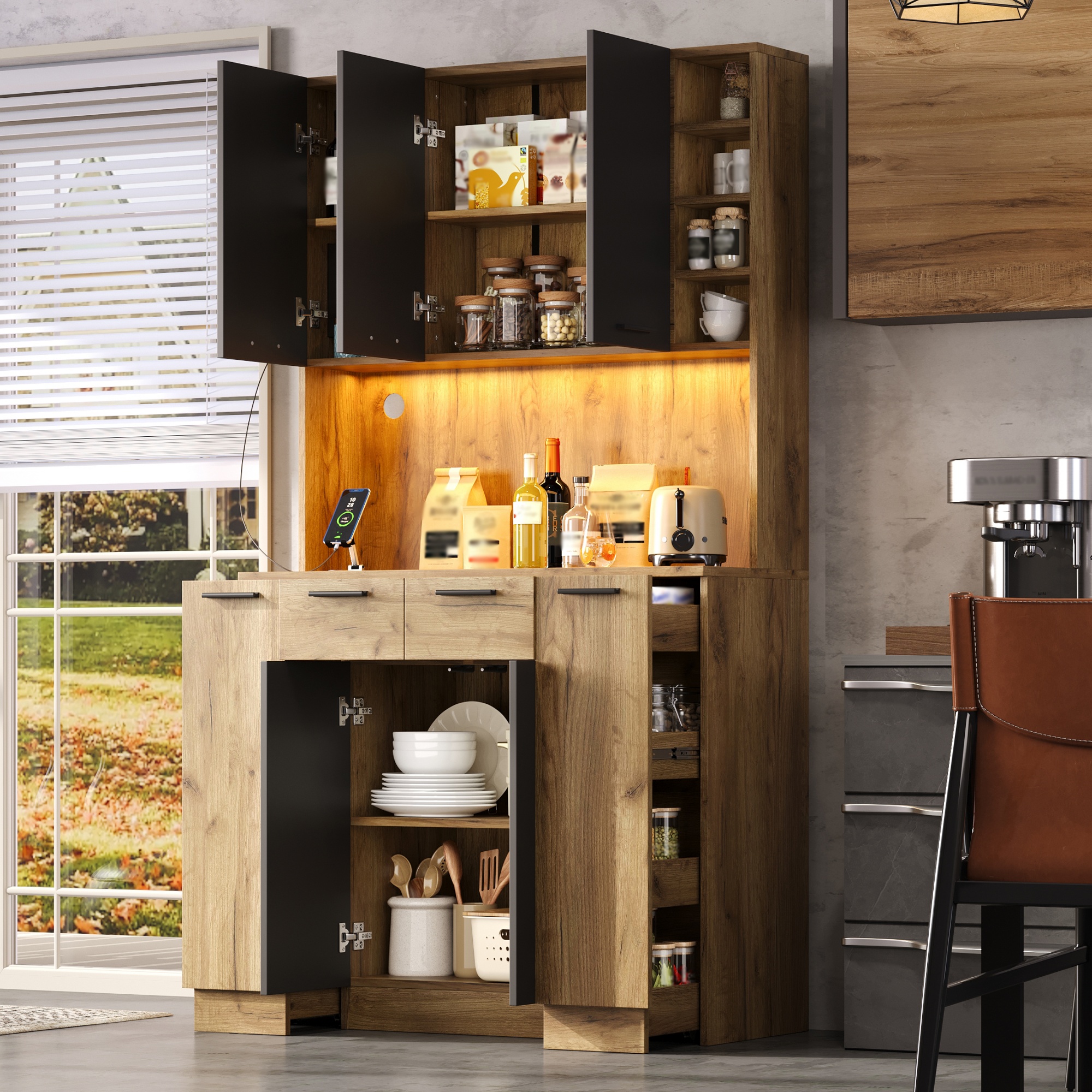 Vitrine, éclairage led, prises et recharge intégrées, 100 x 40 x 180 cm, MDF, bois naturel - vue 5