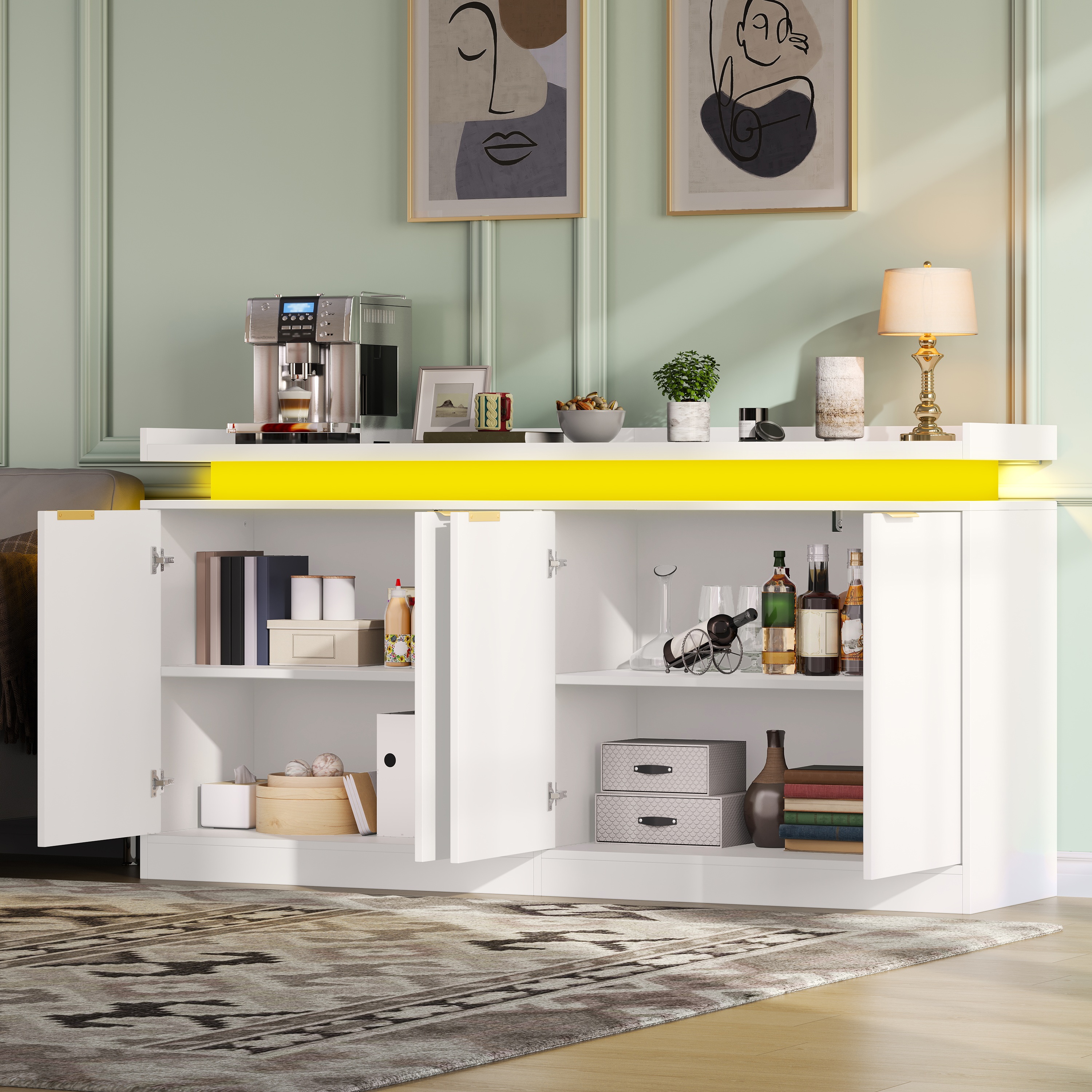 Buffet, rangement intégré, éclairage led, 160 x 39 x 83 cm, MDF, blanc - vue 4