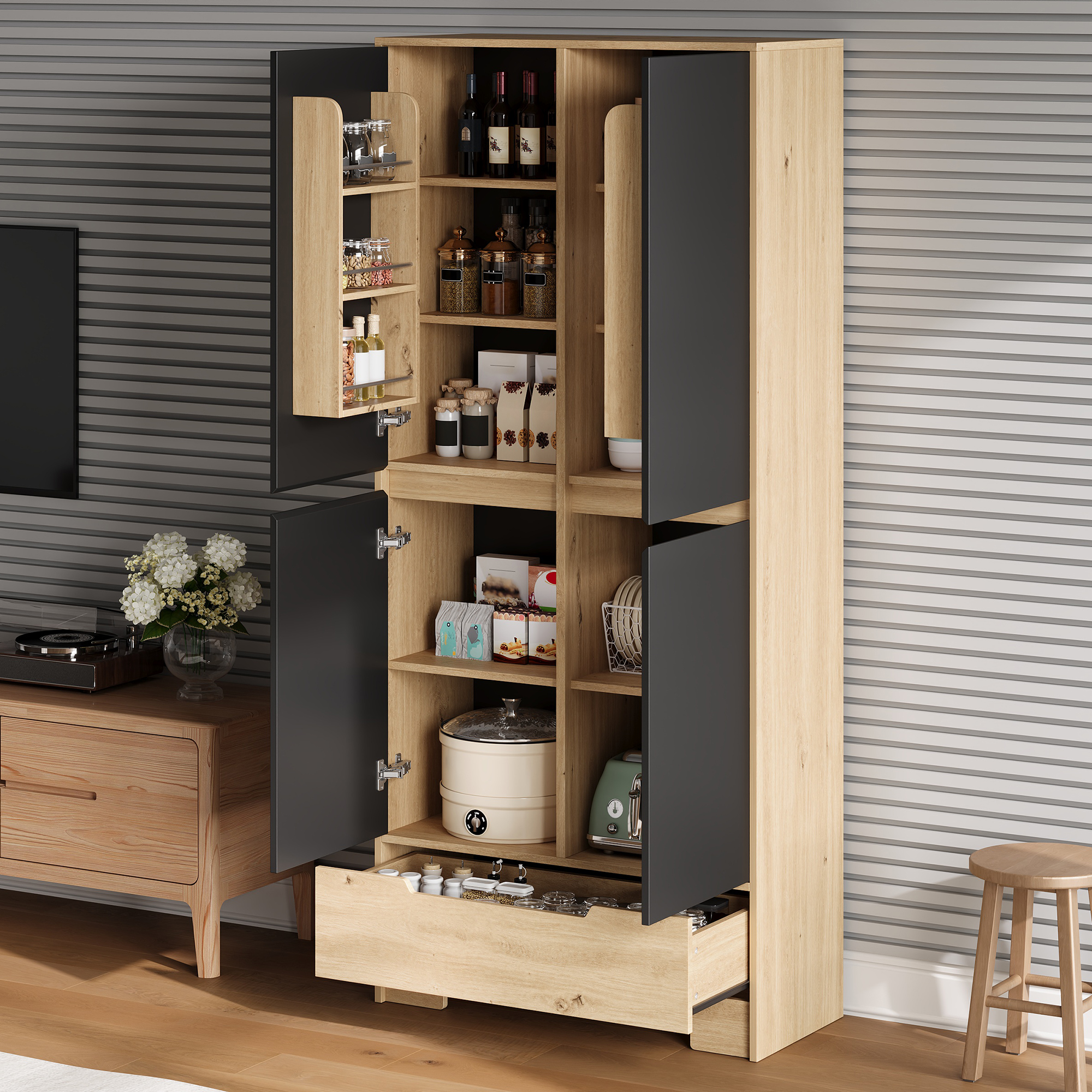Buffet de cuisine, étagères réglables, 1 tiroir, 80 x 35 x 180 cm, MDF, noir et bois naturel - vue 7
