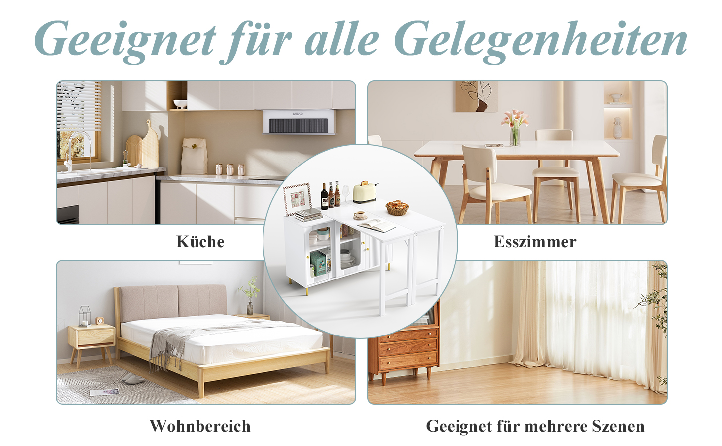 Buffet avec plateau extensible 122×40 à 122×80 cm, armoire blanche pieds métal doré, portes verre trempé, pour salon et salle à manger, design minimaliste, beaucoup de rangement, style élégant, fonctionnalité - image 8