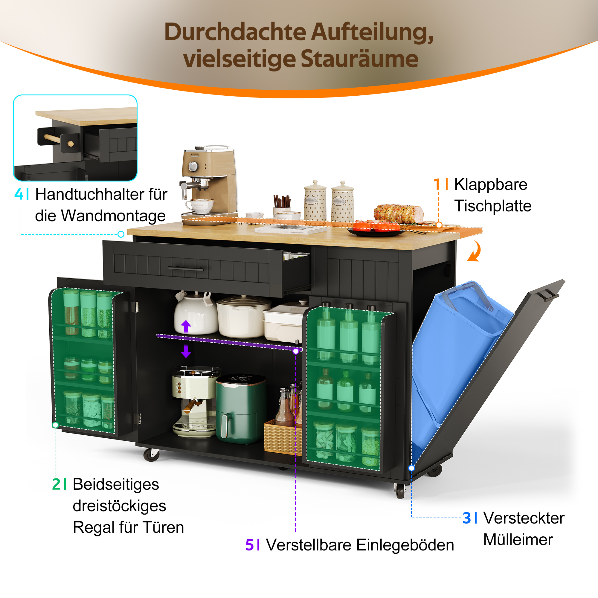 Mobile Kücheninsel mit klappbarer Arbeitsplatte, R