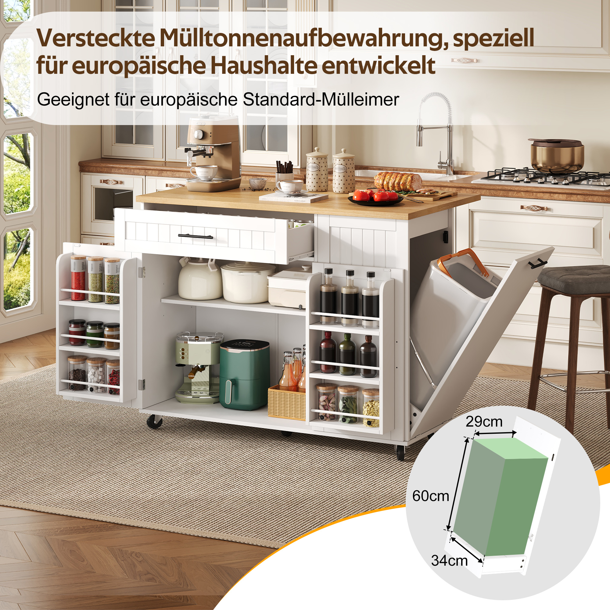 Mobile Kücheninsel mit klappbarer Arbeitsplatte, R