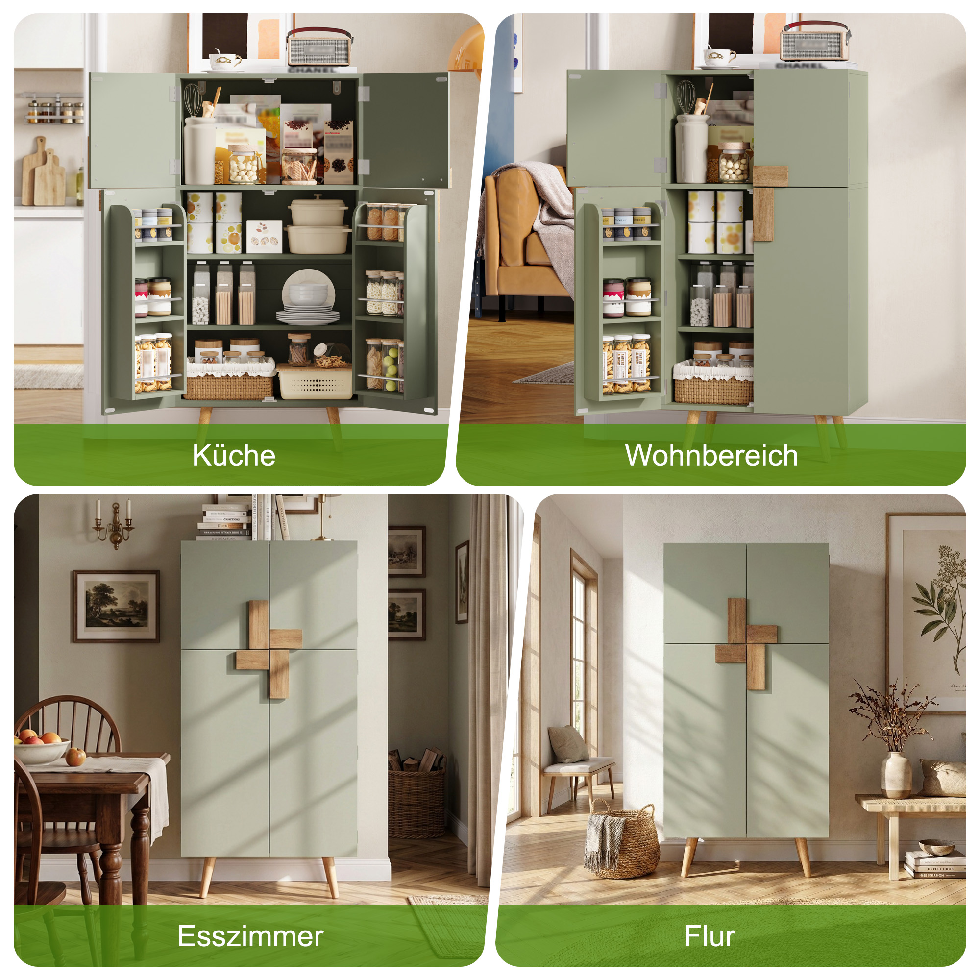 Armoire haute de cuisine, étagères réglables, 4 portes, 60 x 35 x 120 cm, MDF, vert - vue 6