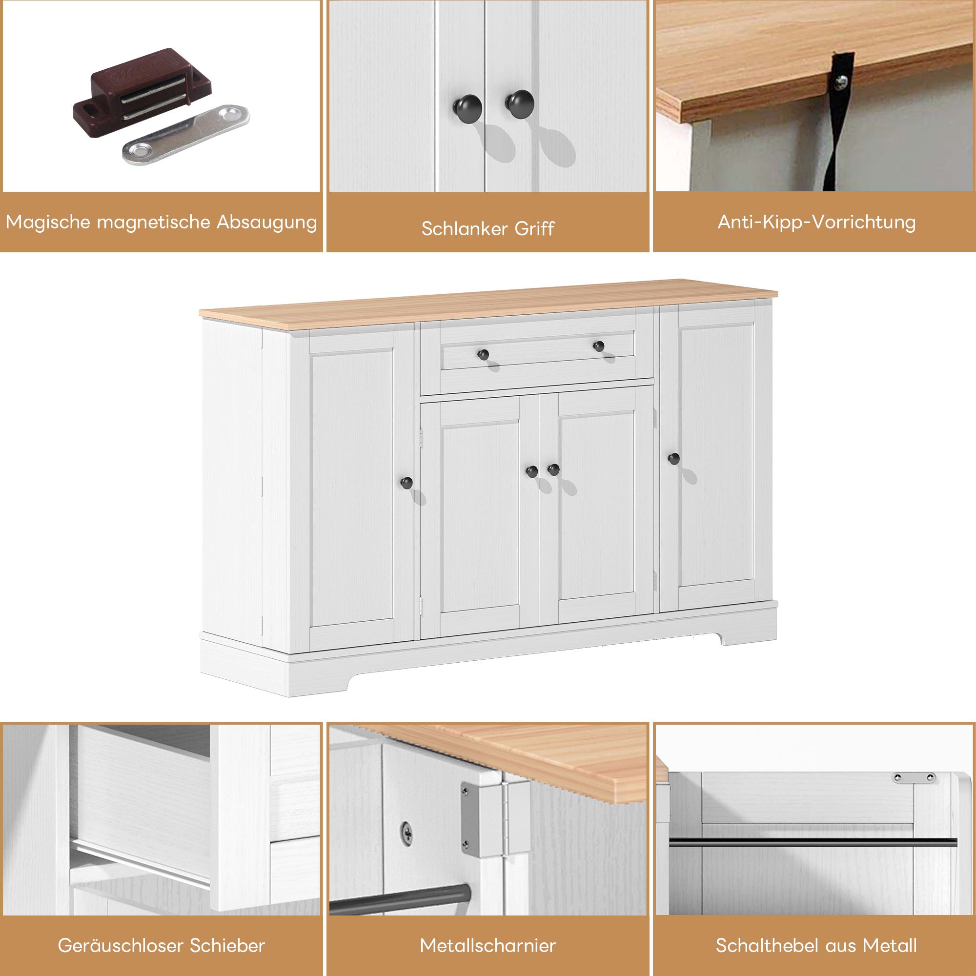 Buffet, avec tiroirs, étagères réglables, MDF, bois naturel - vue 4