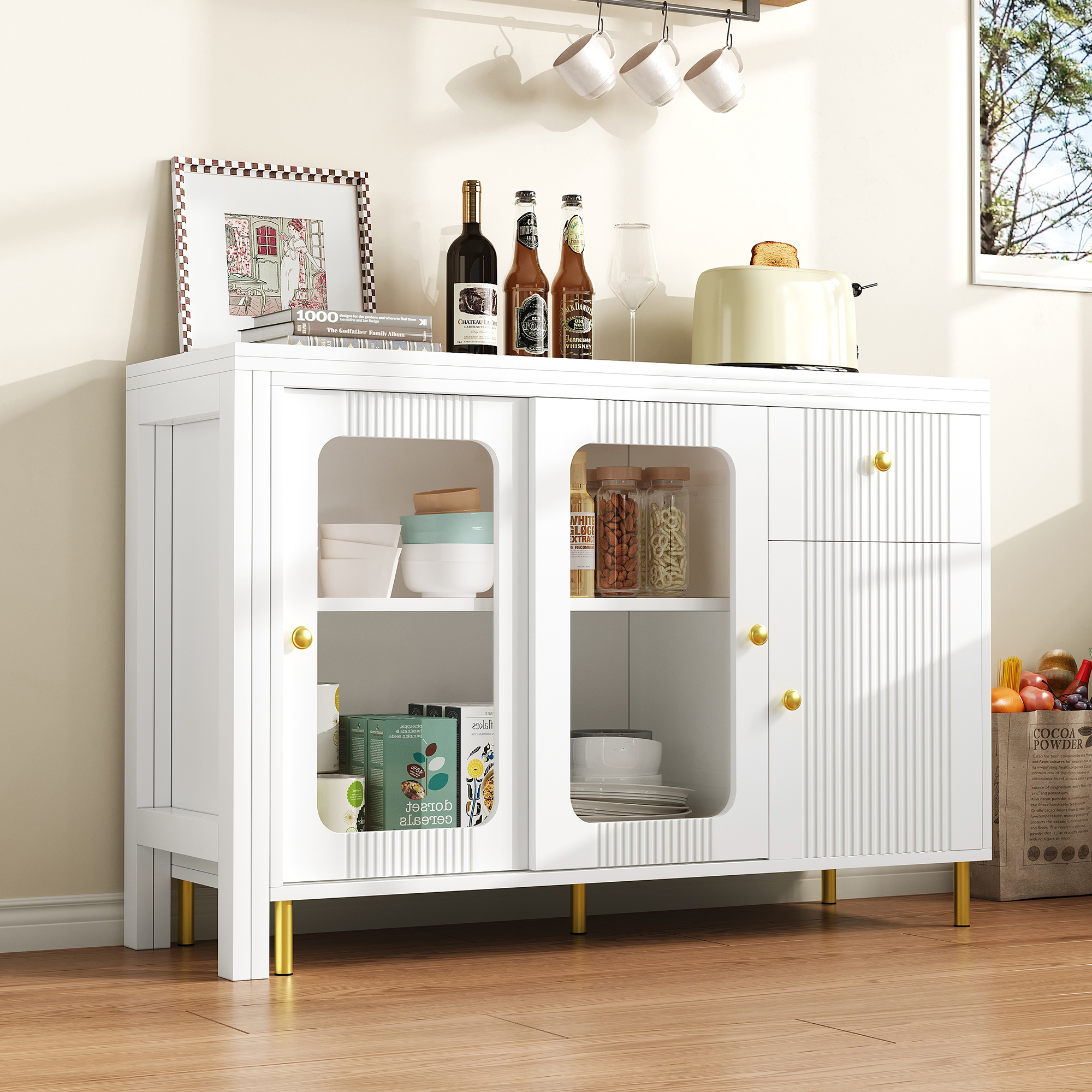 Buffet avec plateau extensible 122×40 à 122×80 cm, armoire blanche pieds métal doré, portes verre trempé, pour salon et salle à manger, design minimaliste, beaucoup de rangement, style élégant, fonctionnalité - image 19