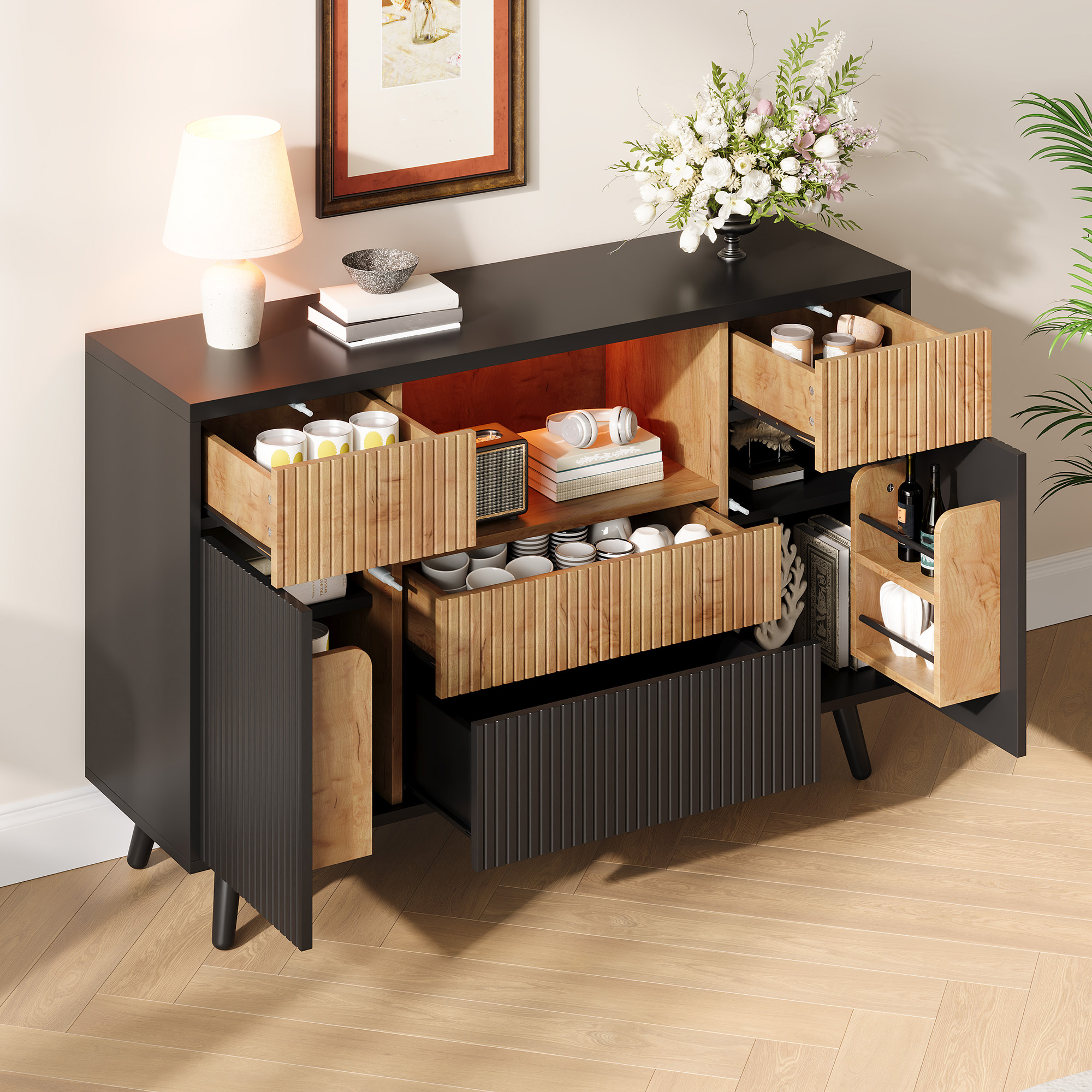 Buffet de cuisine, étagères réglables, 4 tiroirs, 130 x 38 x 85 cm, MDF, bois naturel et noir - vue 6
