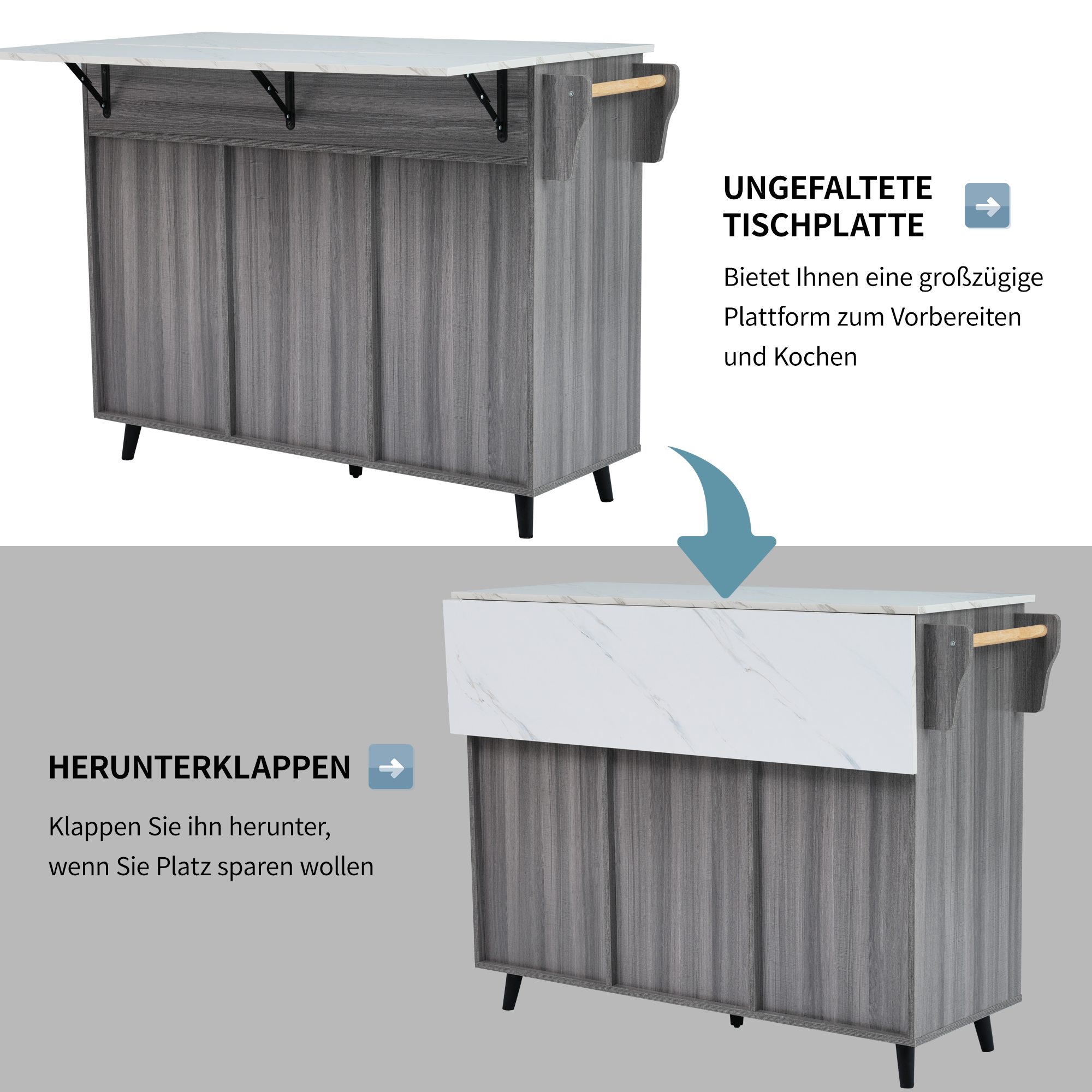 Buffet, extensible, mobile sur roulettes, rangement intégré, 129 x 46 x 91,5 cm, bois massif, blanc - vue 3
