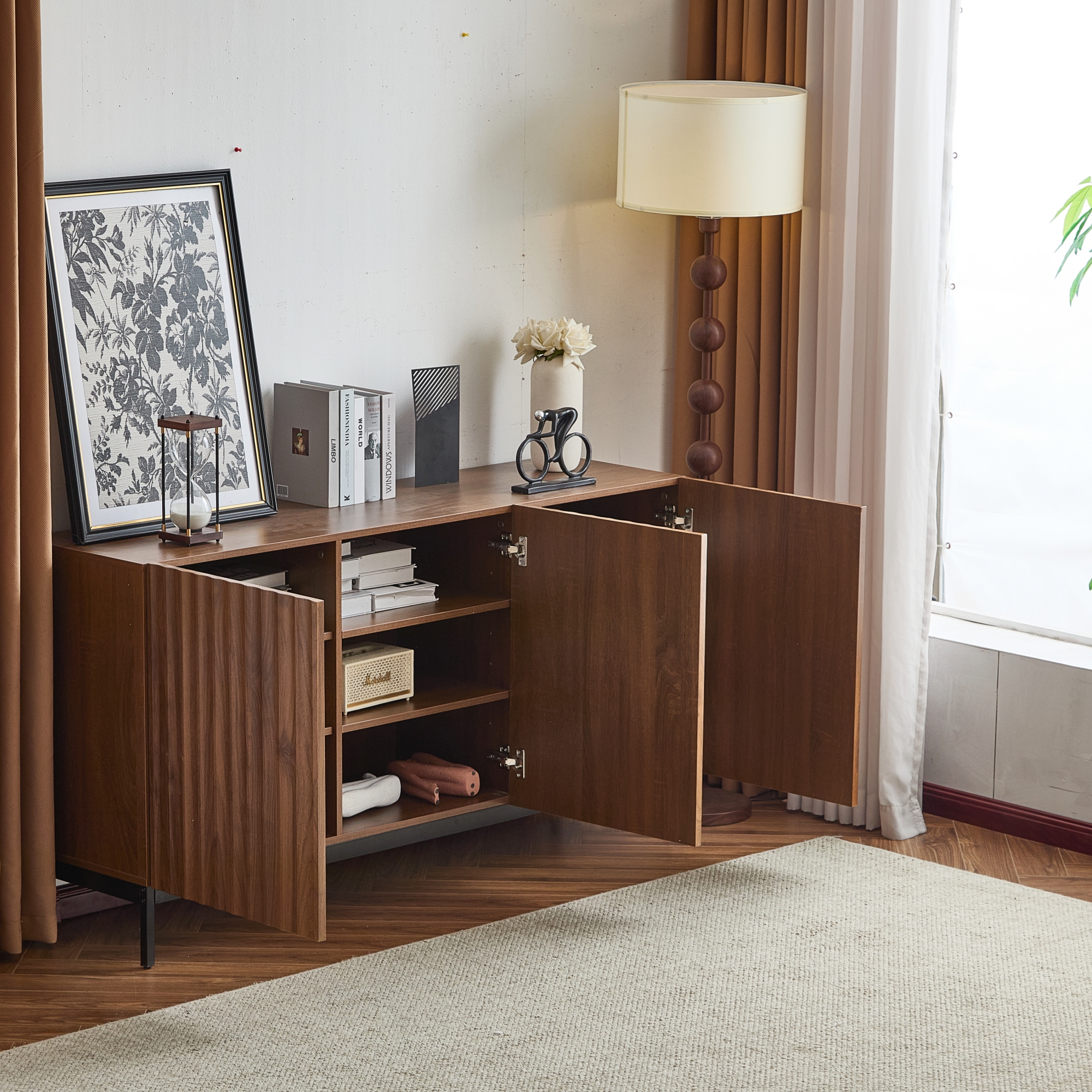 Buffet 150 x 40 x 80 cm, 3 portes, étagères réglables, MDF, Effet bois naturel - vue principale