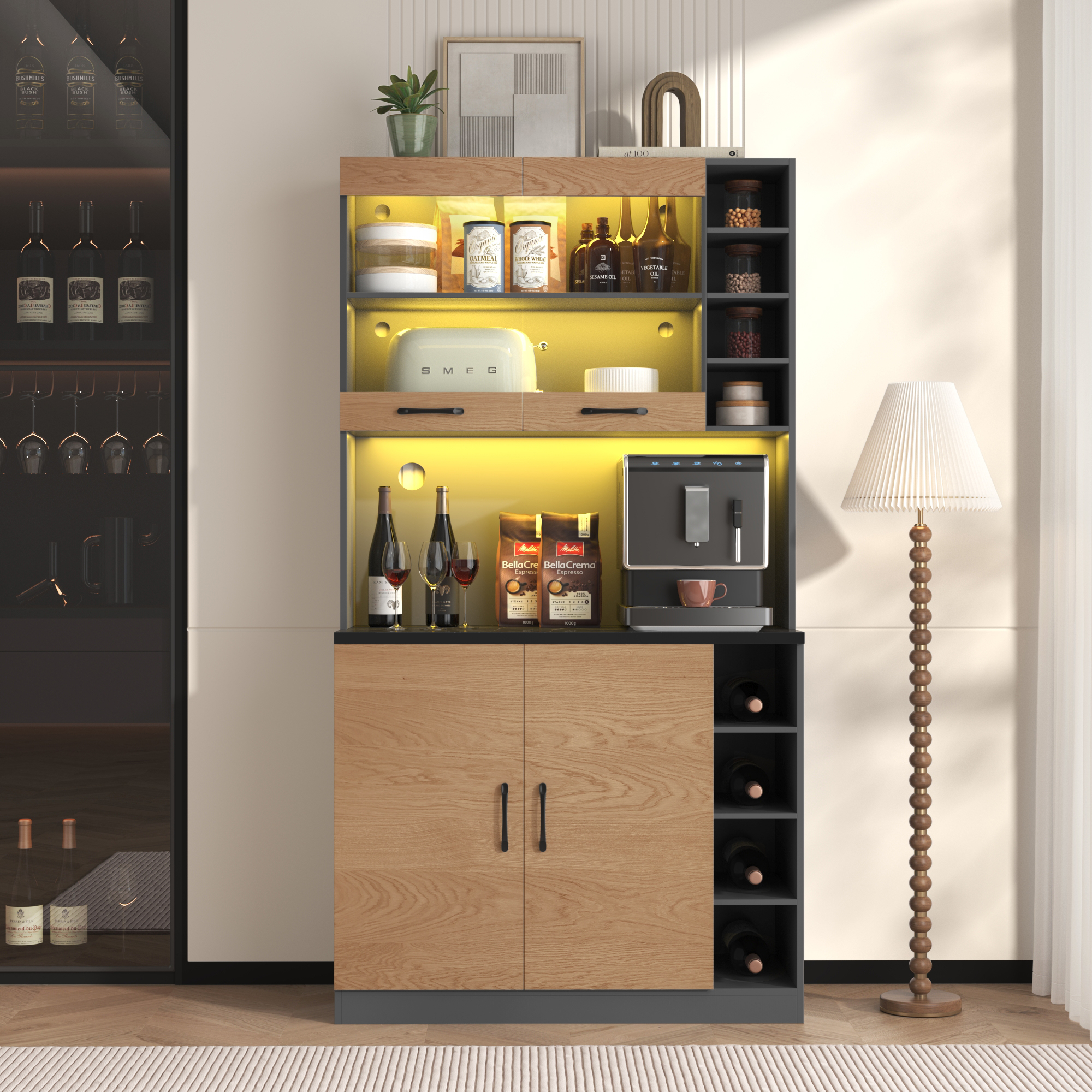 100x47x187cm, Küchenschrank, Buffet mit LED-Ambien