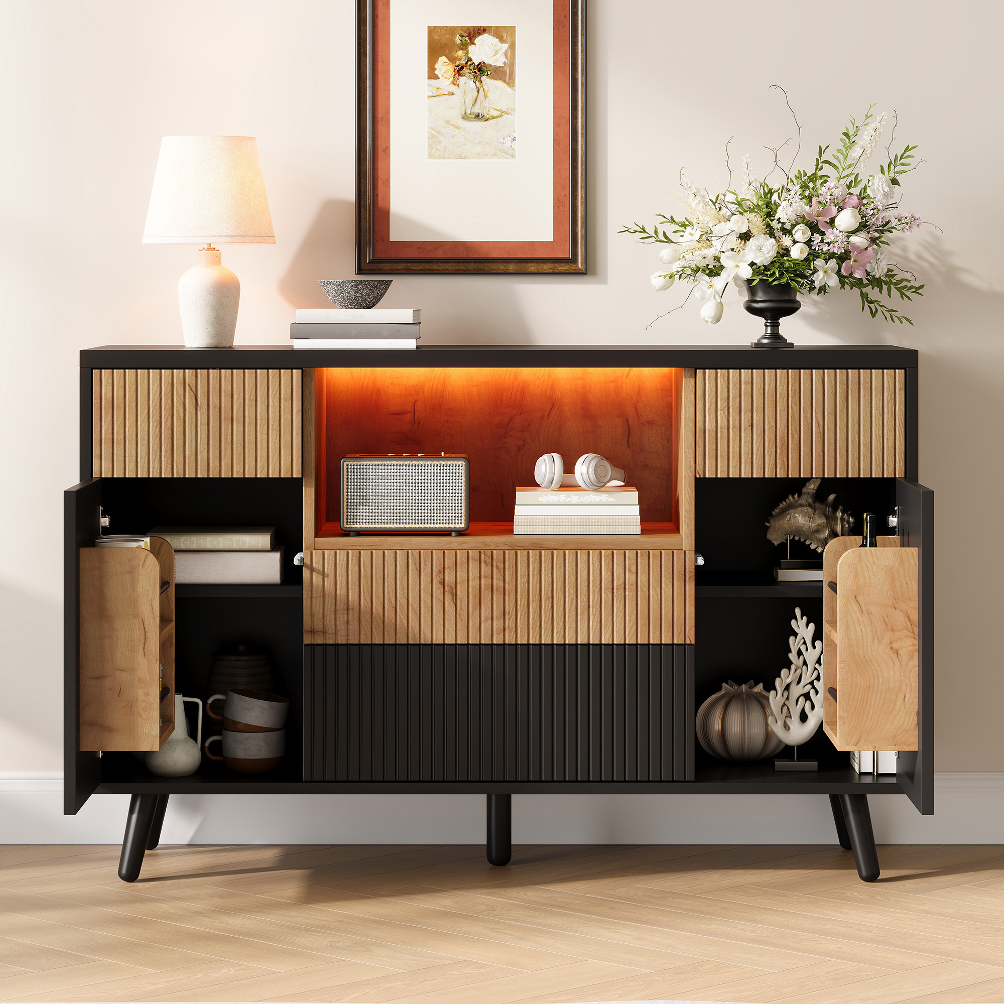 Buffet de cuisine, étagères réglables, 4 tiroirs, 130 x 38 x 85 cm, MDF, bois naturel et noir - vue 5