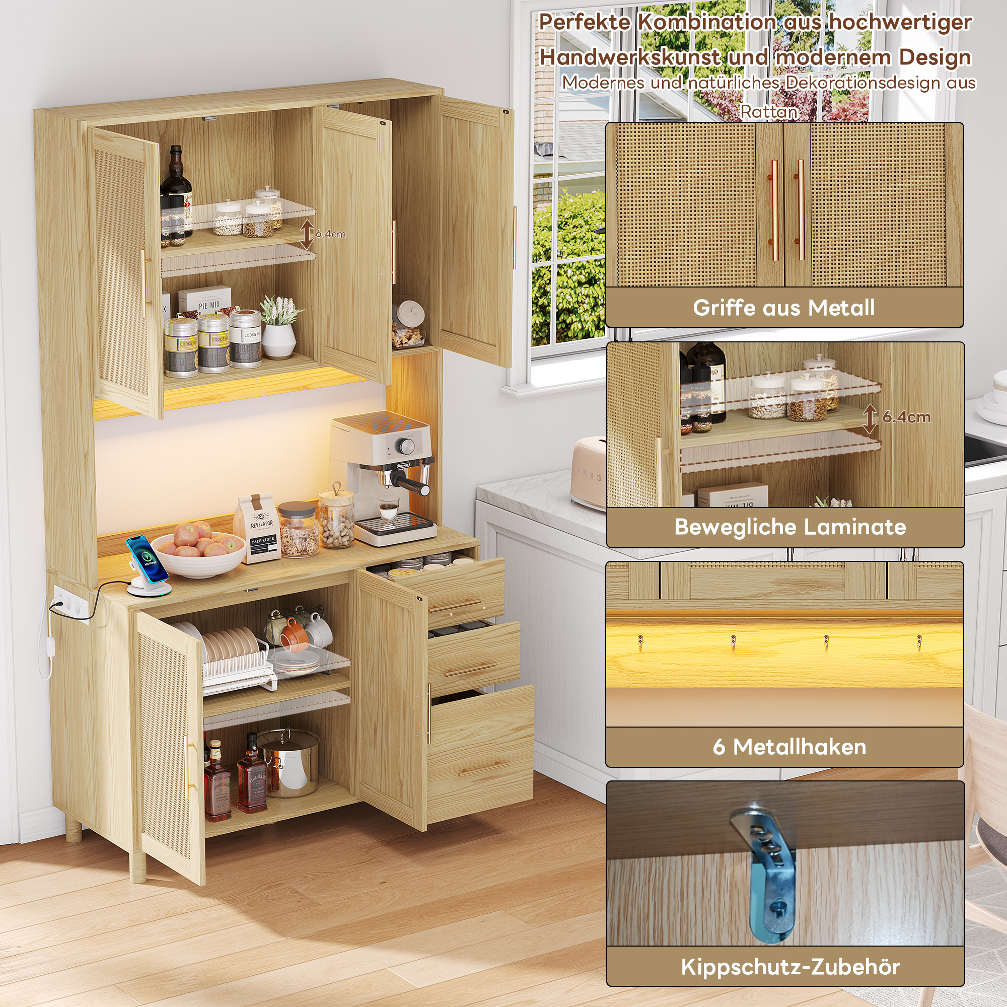 Buffet, ports USB, avec tiroirs, étagères réglables, éclairage led, 100 x 40 x 183 cm, métal et MDF, bois naturel - vue 2