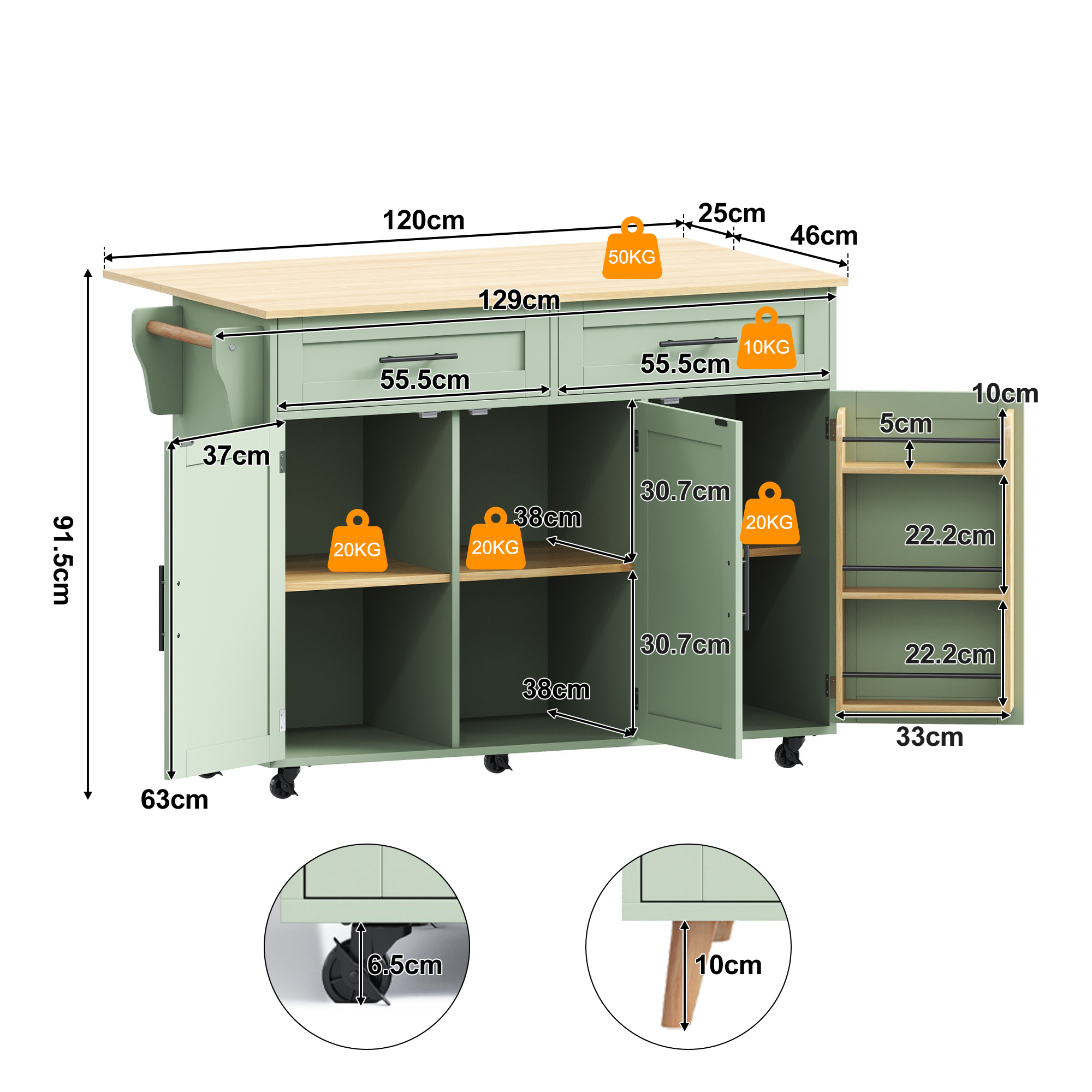 Buffet, pliable, mobile sur roulettes, rangement intégré, 120 x 46 x 91,5 cm, bois massif, vert - vue 4