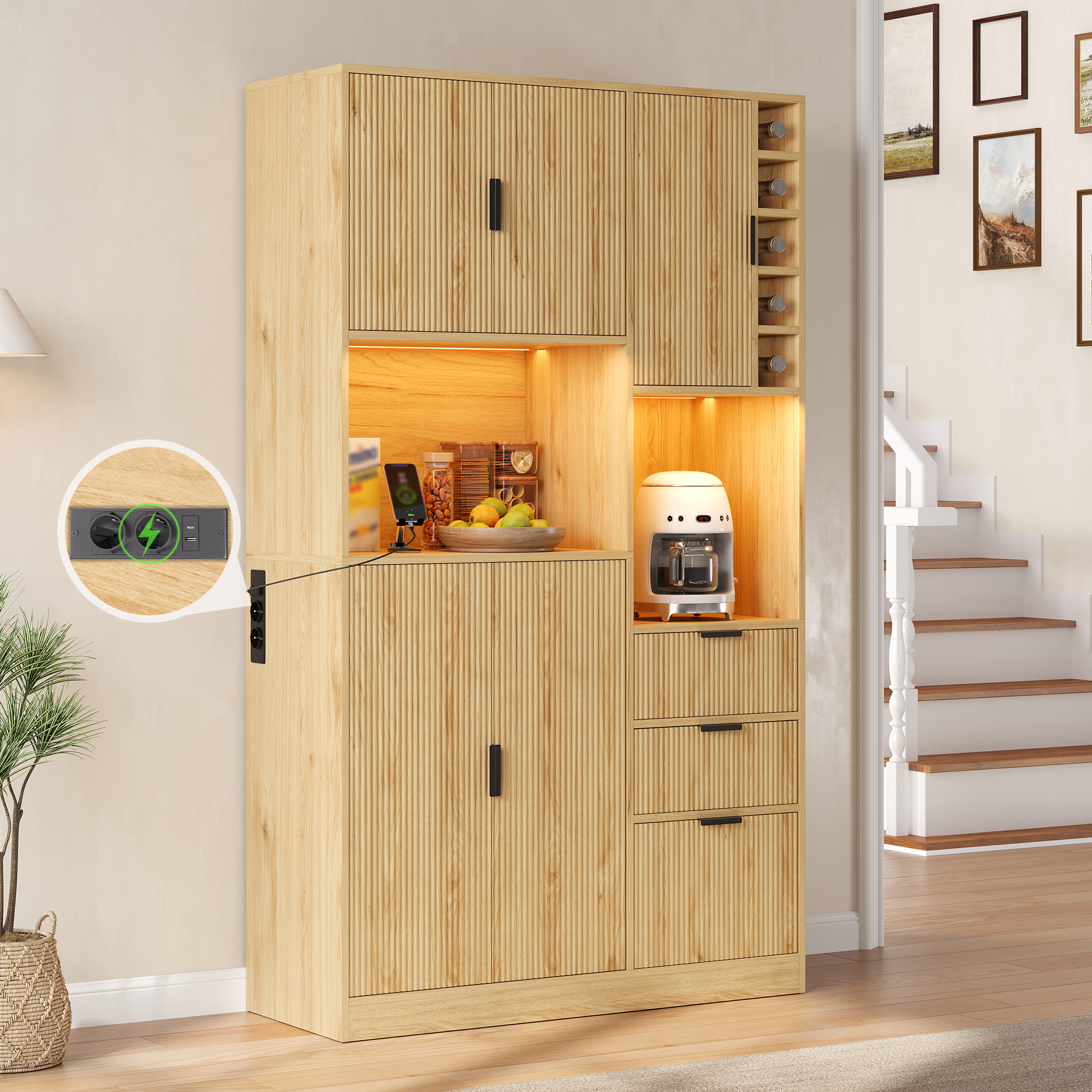 Meuble bar à vin, éclairage LED, étagères réglables, prises intégrées, rangement à vin, 105 x 40 x 180 cm, MDF, bois naturel - vue 2