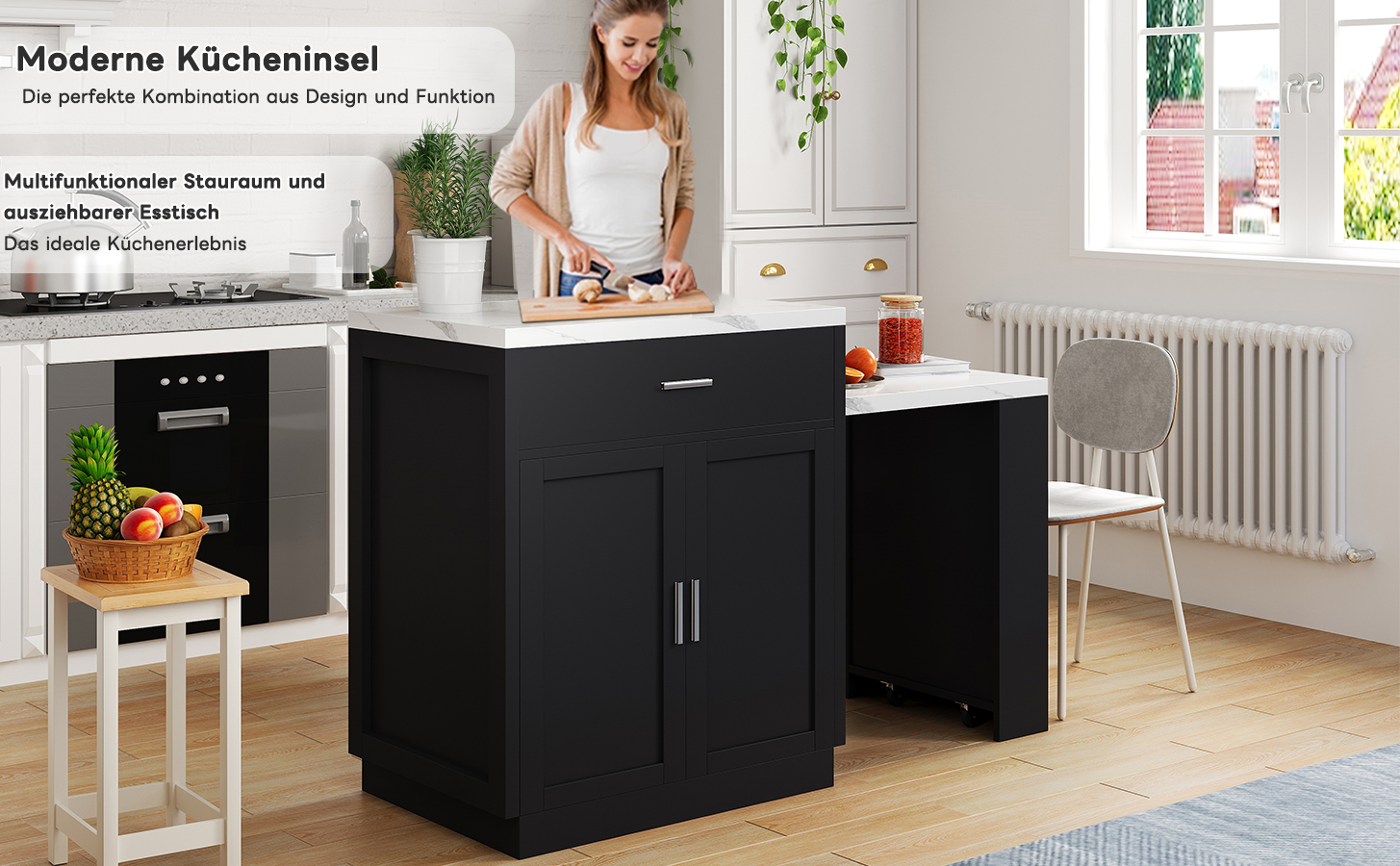Îlot de cuisine avec table escamotable 131 cm max (2-6 personnes), prise CE 2×220-250V + 2 USB, zone préparation 80×55 cm, pour petit espace, design multifonction, beaucoup de rangement, stabilité, style moderne, fonctionnalité - image 8