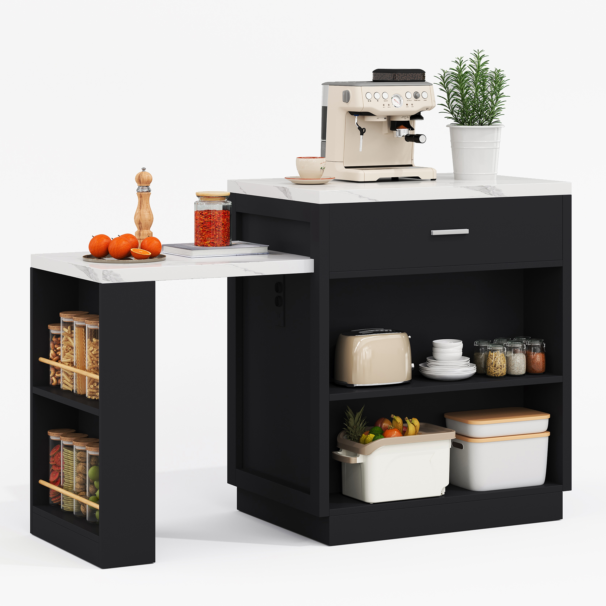 Îlot de cuisine, extensible, avec tiroirs, prises et recharge intégrées, 211 x 55 x 89,5 cm, MDF, noir - vue 5