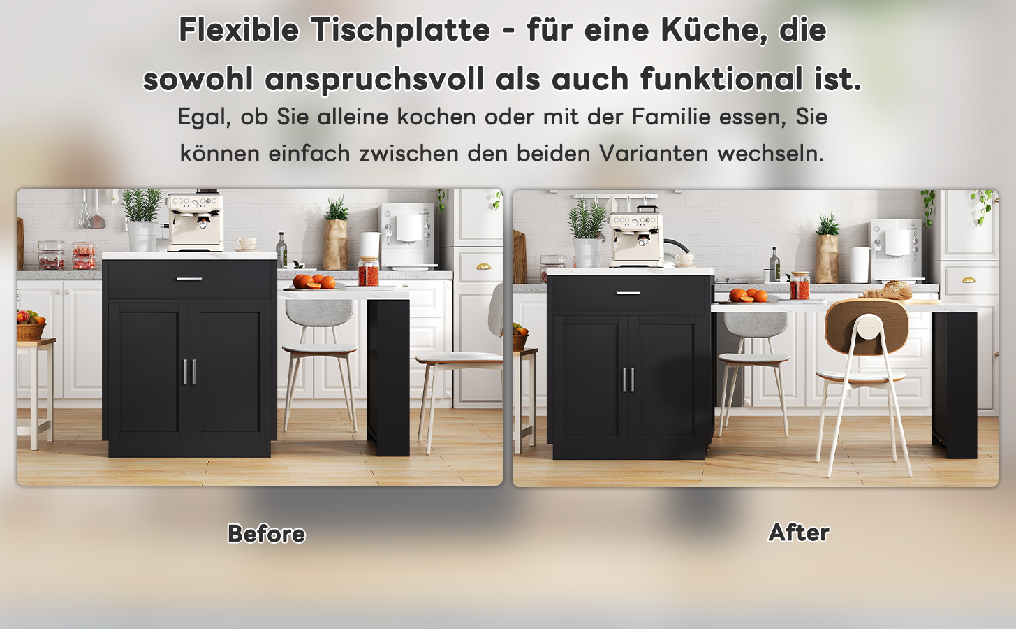 Îlot de cuisine avec table escamotable 131 cm max (2-6 personnes), prise CE 2×220-250V + 2 USB, zone préparation 80×55 cm, pour petit espace, design multifonction, beaucoup de rangement, stabilité, style moderne, fonctionnalité - image 10
