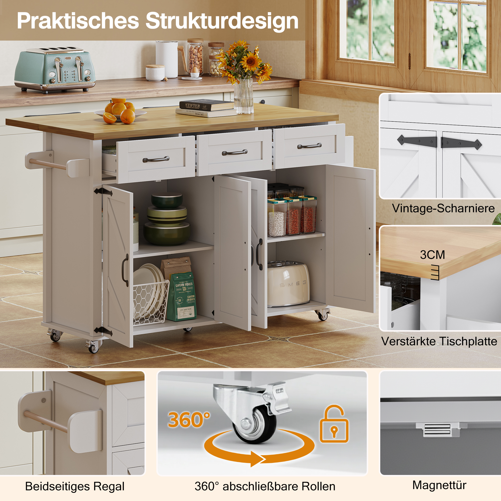 Kücheninsel mit klappbarer Arbeitsplatte, ausgesta