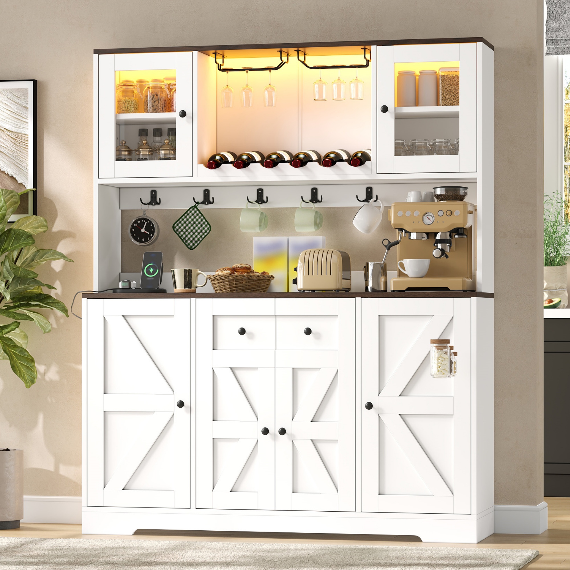 Vitrine, éclairage led, prises et recharge intégrées, éléments en verre, 140 x 40 x 173 cm, verre et MDF, blanc - vue 1