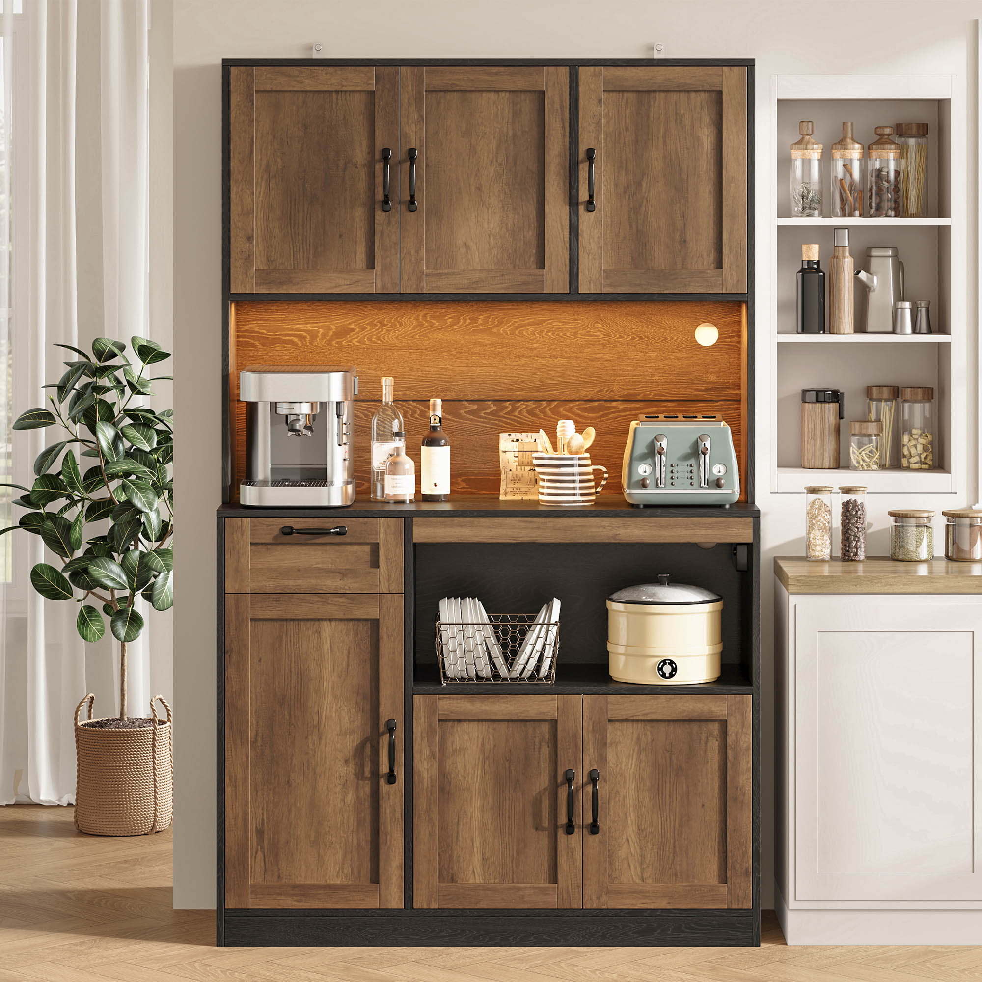Vitrine, avec tiroirs, éclairage led, prises et recharge intégrées, 110 x 40 x 180 cm, MDF, bois naturel - vue 4
