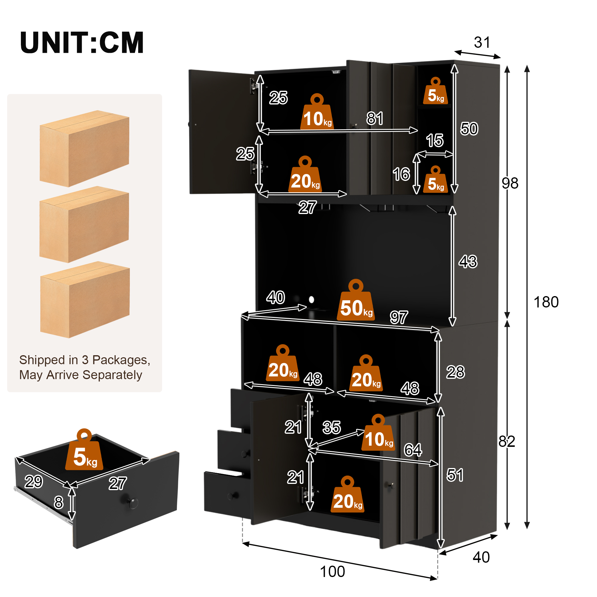 180 cm Küchenschrank, Hochschrank mit LED, Küchenr