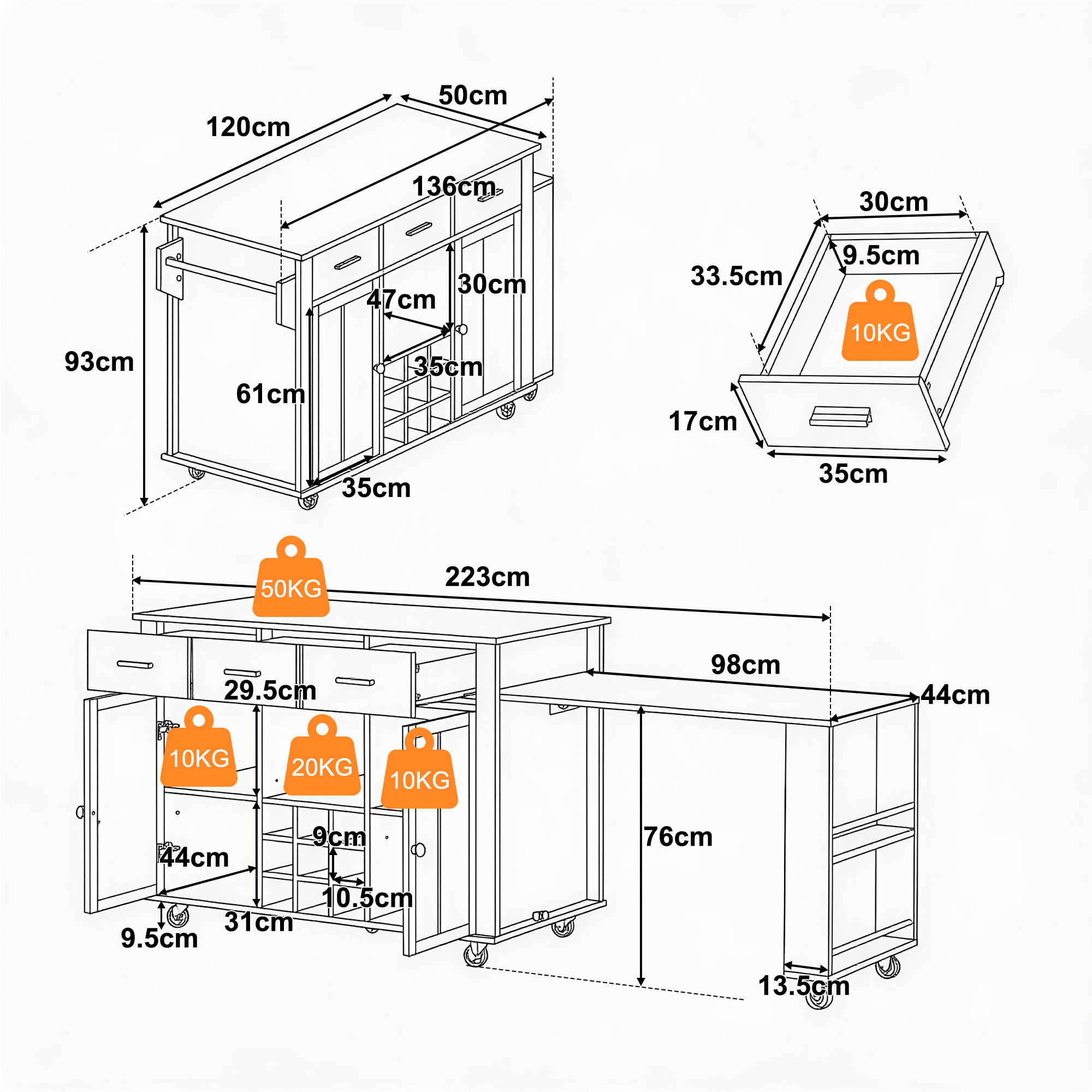 Plan de travail extensible jusqu'à 98 cm