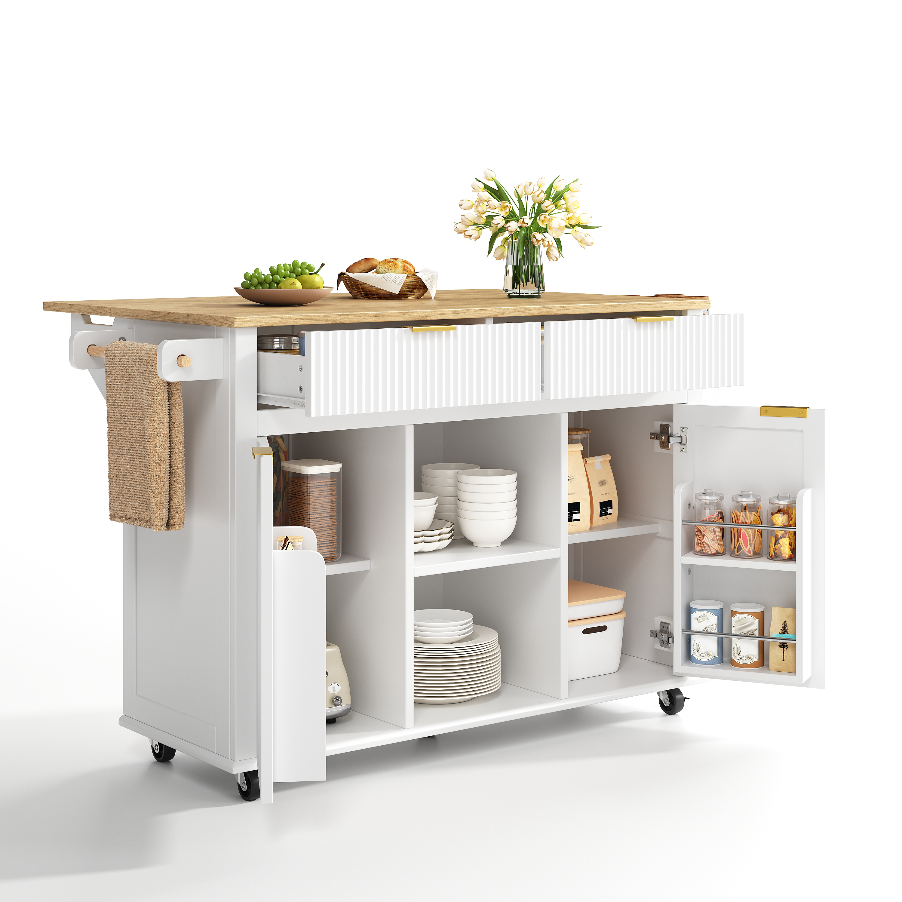 Îlot de cuisine, pliable, mobile sur roulettes, rangement intégré, 143 x 45 x 89,5 cm, MDF, bois naturel - vue 2