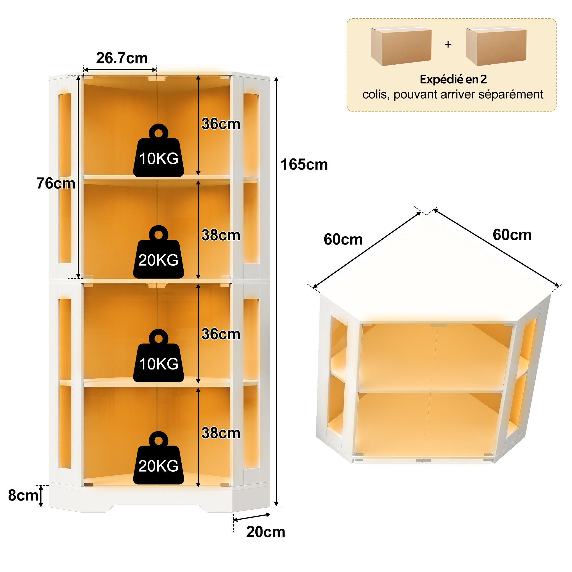 Vitrine, éclairage led, prises et recharge intégrées, 60 x 60 x 165 cm, verre et MDF, blanc - vue 4