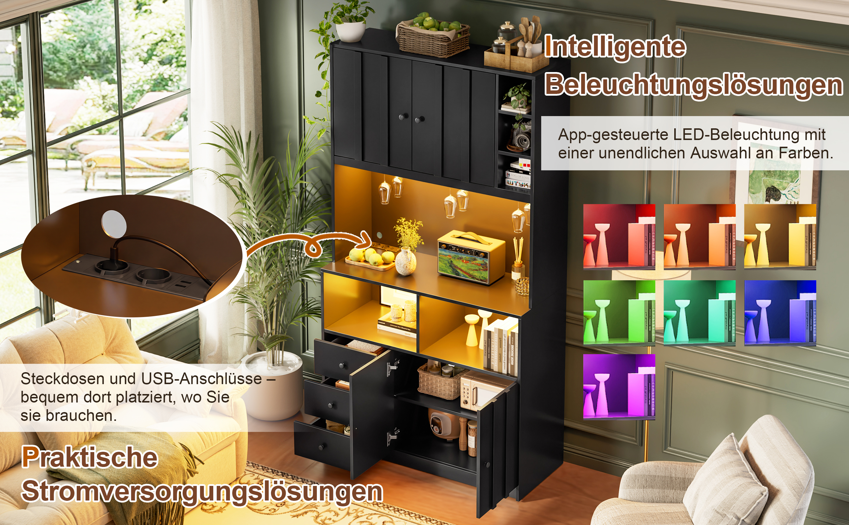 180 cm Küchenschrank, Hochschrank mit LED, Küchenr