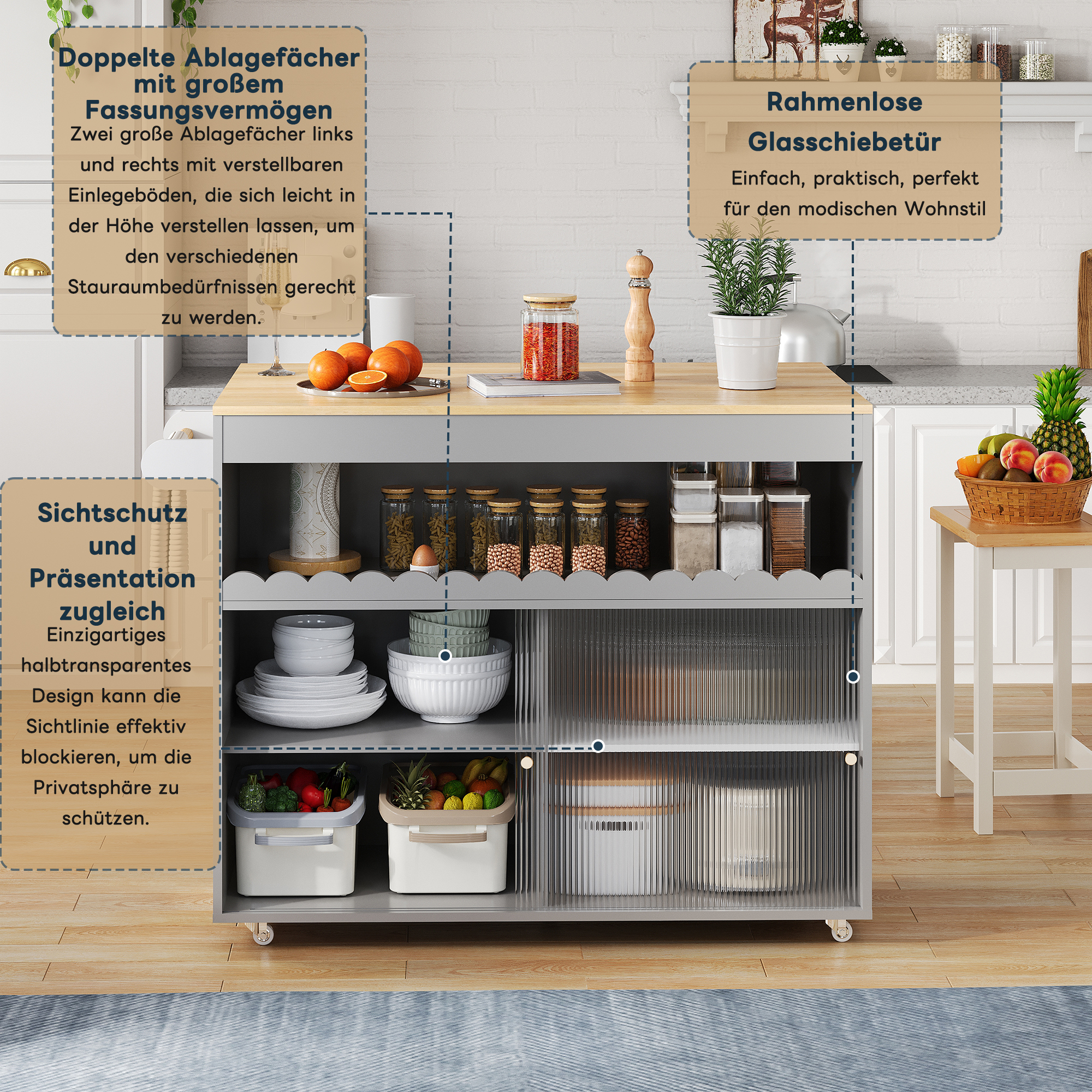 Îlot de cuisine, pliable, étagères réglables, éléments en verre, 122 x 46 x 91 cm, verre trempé et bois, chêne - vue 5