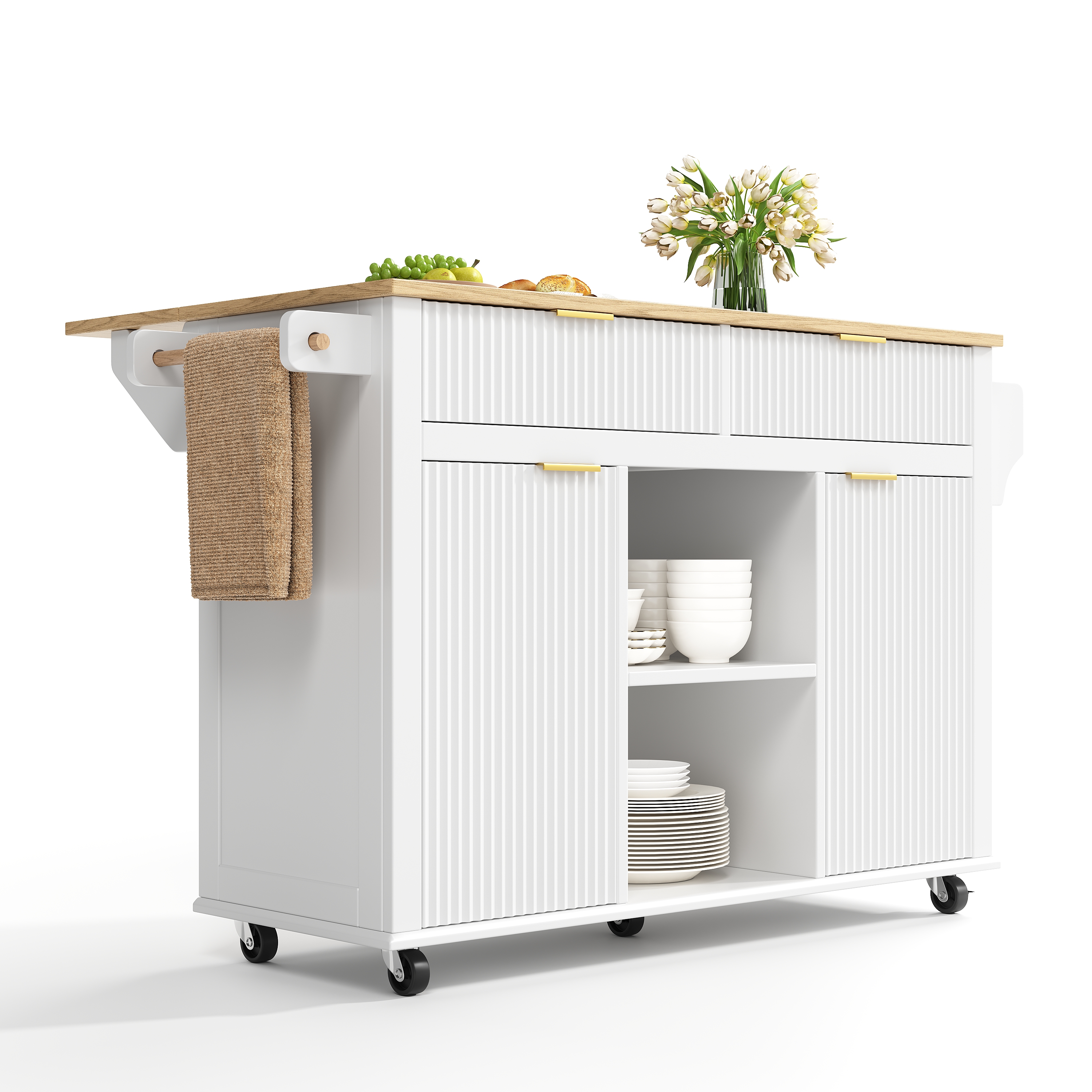 Îlot de cuisine, pliable, mobile sur roulettes, rangement intégré, 143 x 45 x 89,5 cm, MDF, bois naturel - vue 1