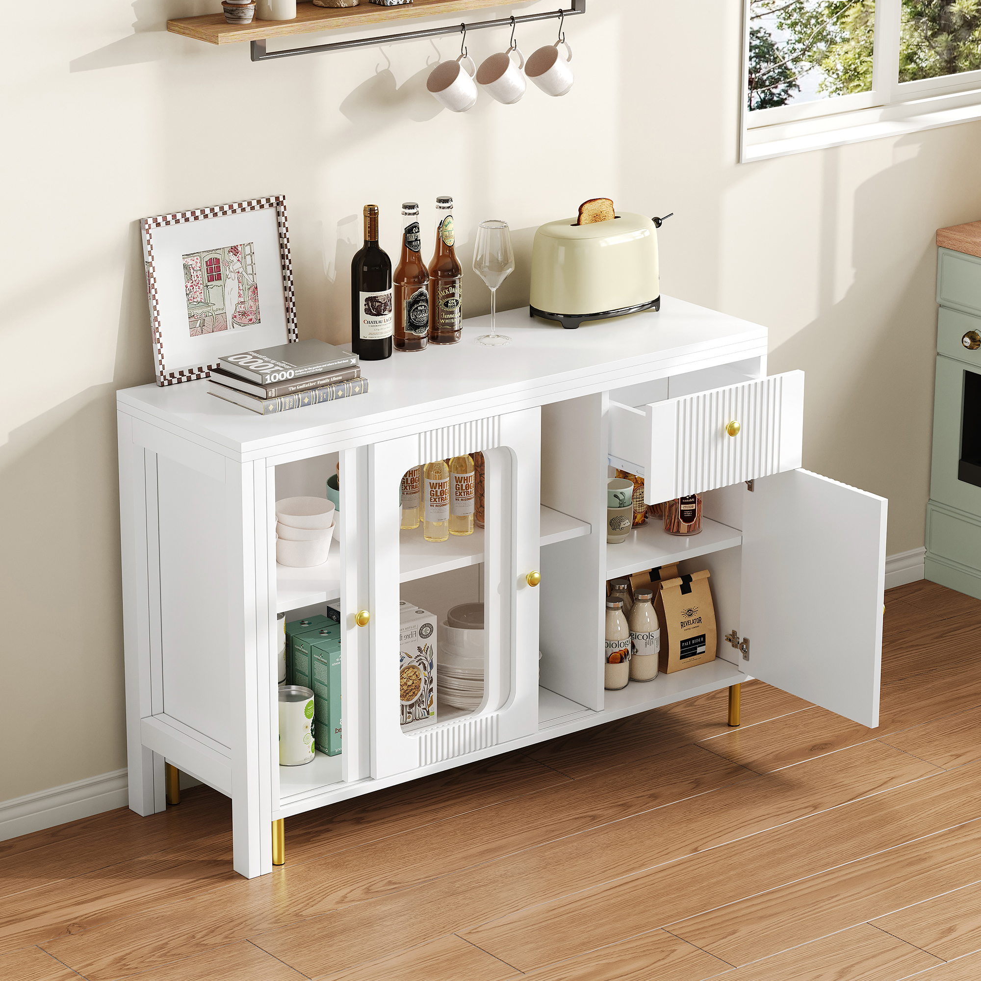 Buffet avec plateau extensible 122×40 à 122×80 cm, armoire blanche pieds métal doré, portes verre trempé, pour salon et salle à manger, design minimaliste, beaucoup de rangement, style élégant, fonctionnalité - image 16
