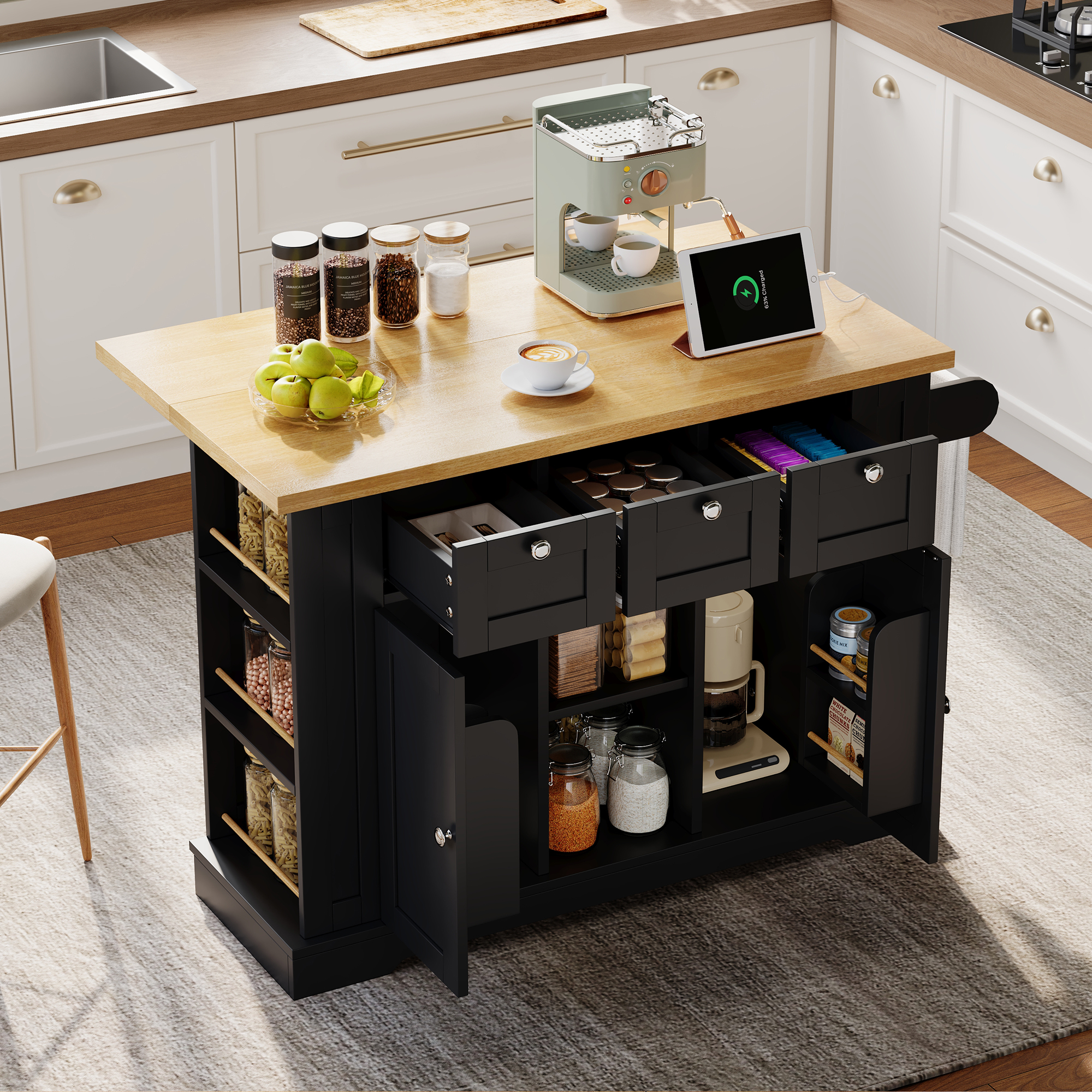 132cm Mobiler Küchentisch, Landhausstil, klappbare