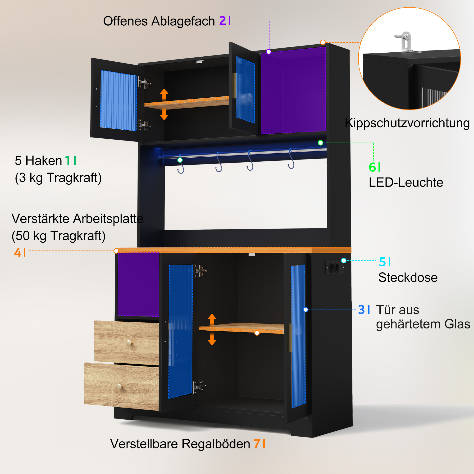 178 cm Küchenschrank, Hochschrank mit LED, Küchenr