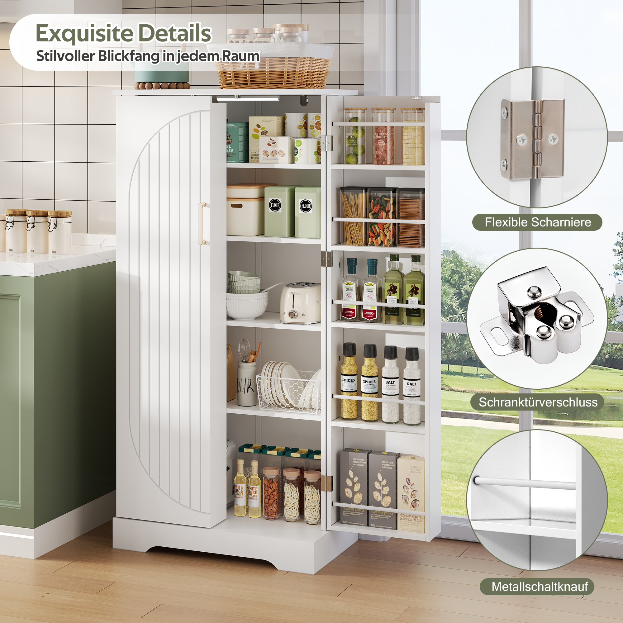Armoire de cuisine compacte 60×35×128 cm avec LED capteur USB, 5 niveaux intérieurs, portes avec 10 étagères, pour petite cuisine, beaucoup de rangement, éclairage automatique, design moderne, stabilité, fonctionnalité, durabilité - image 8