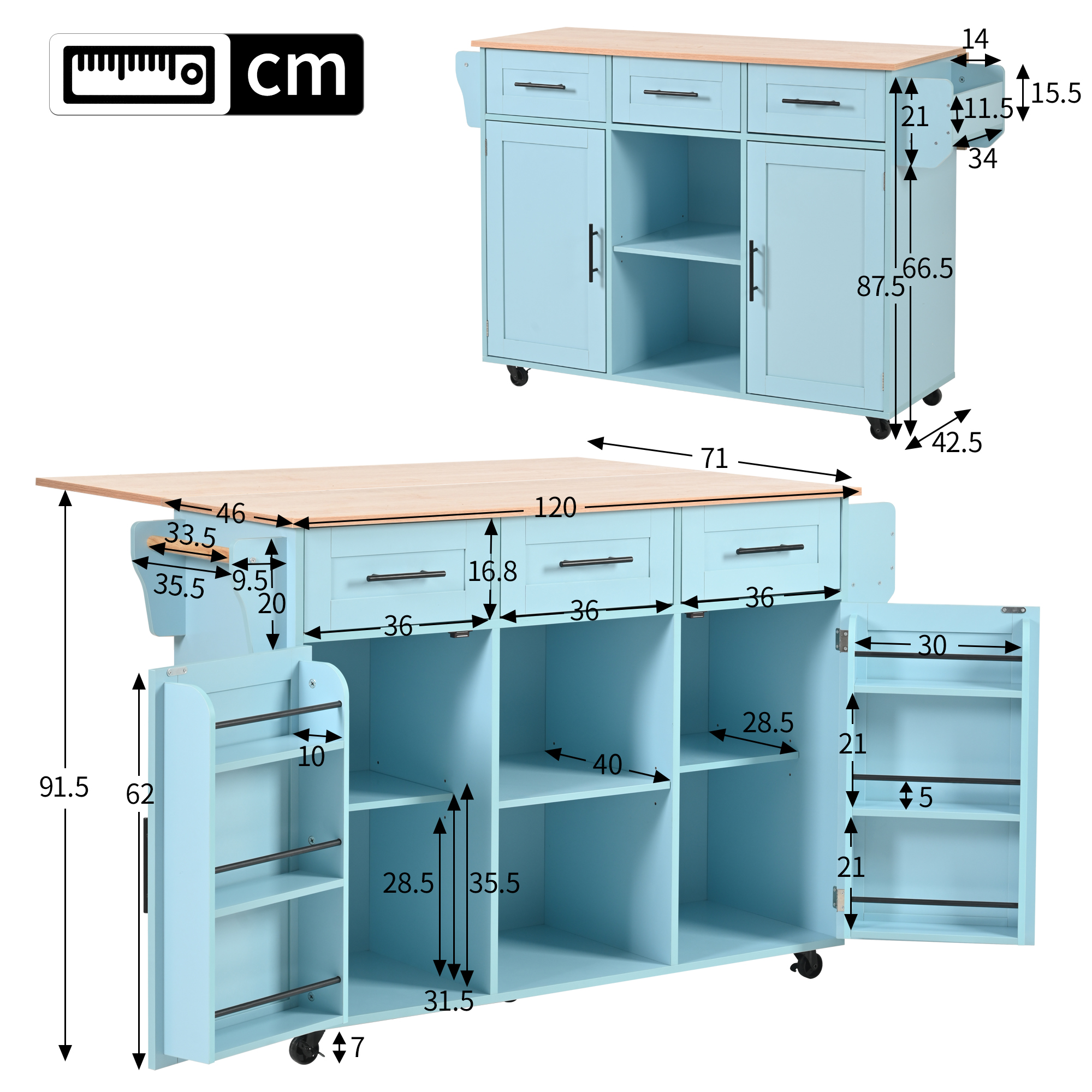 Buffet, pliable, mobile sur roulettes, 139 x 46 x 91,5 cm, bois massif, bleu - vue 1