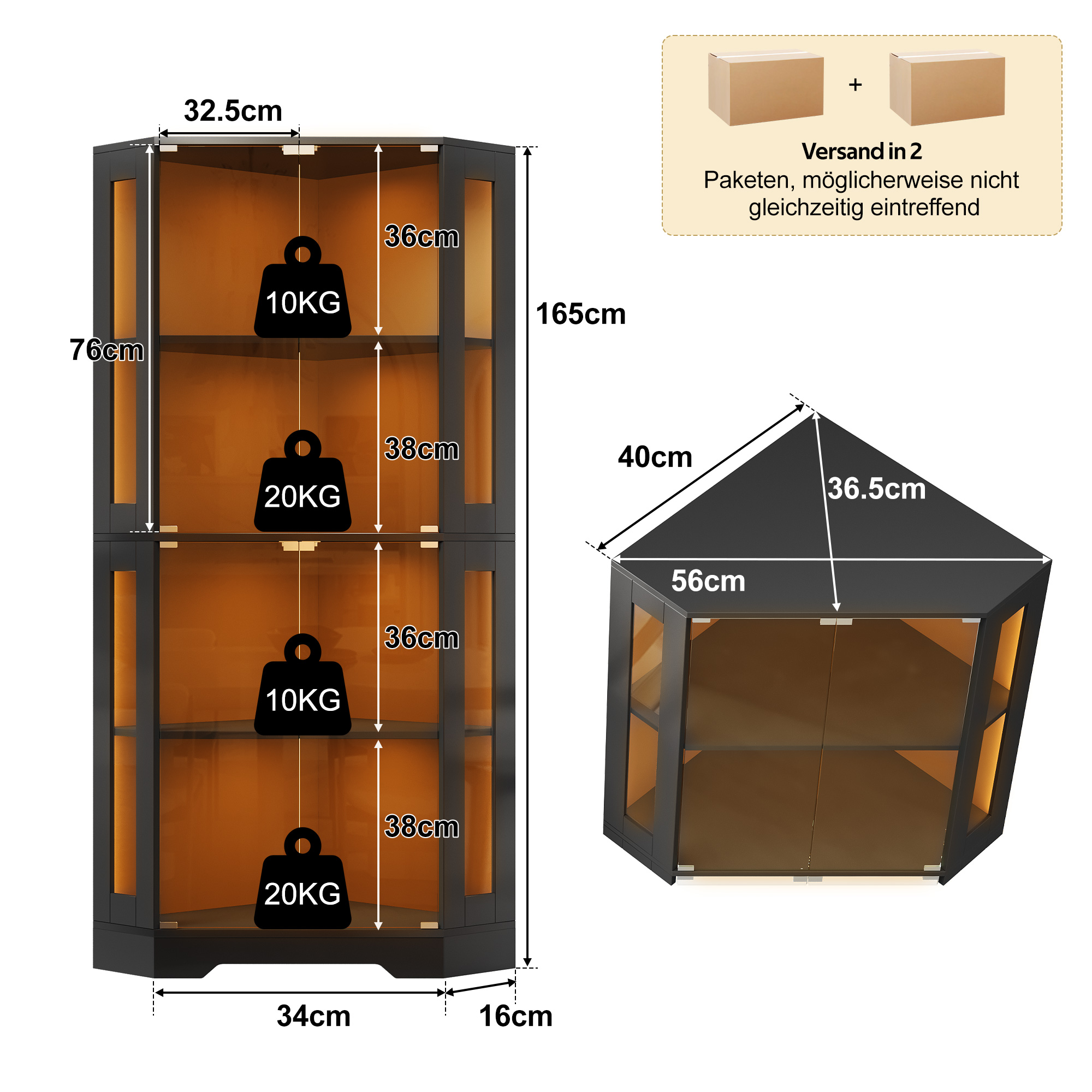 165 cm hoher Glasvitrinenschrank mit LED, 4-stufig