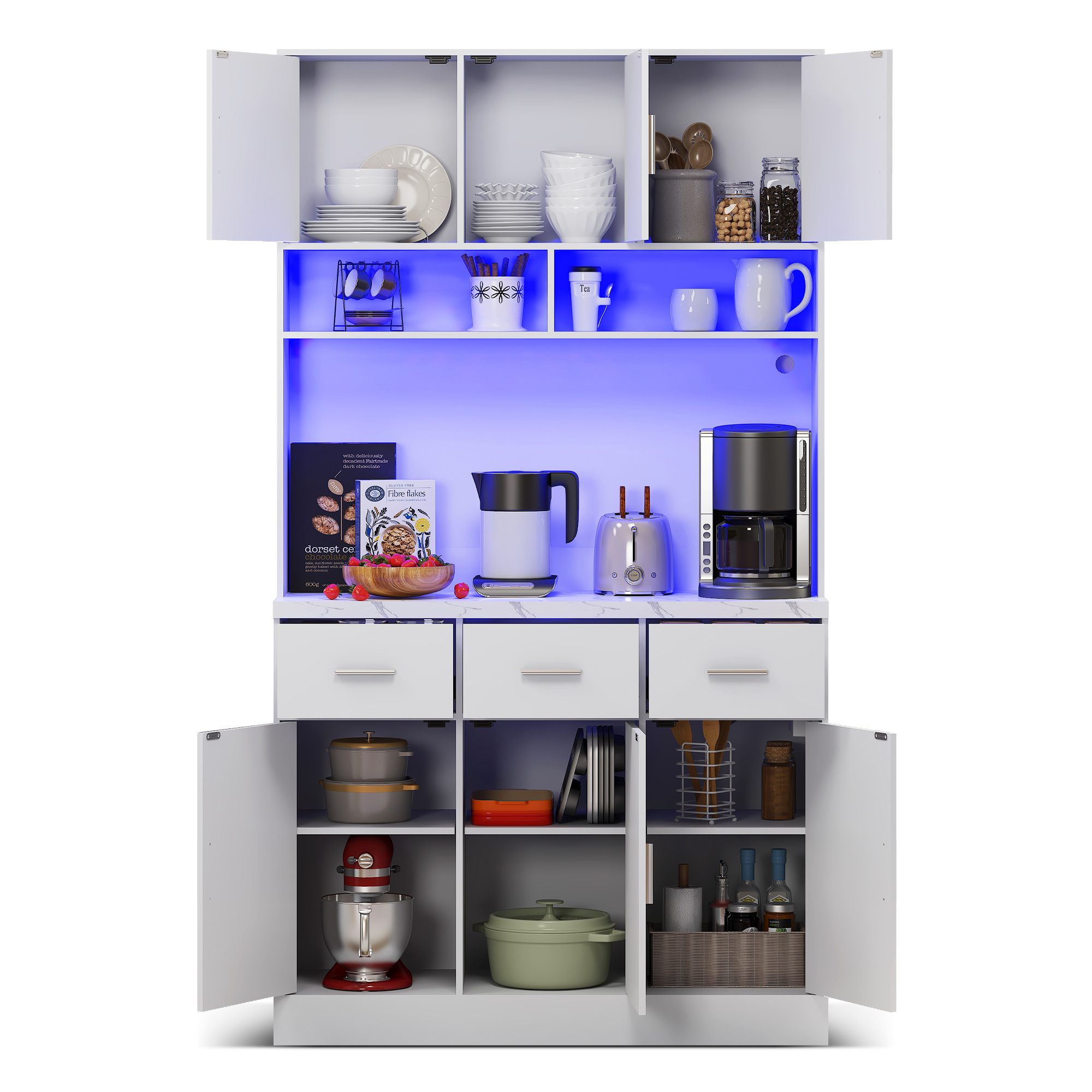 Buffet, avec tiroirs, étagères réglables, éclairage led, 100 x 40 x 180 cm, MDF, blanc - vue 1