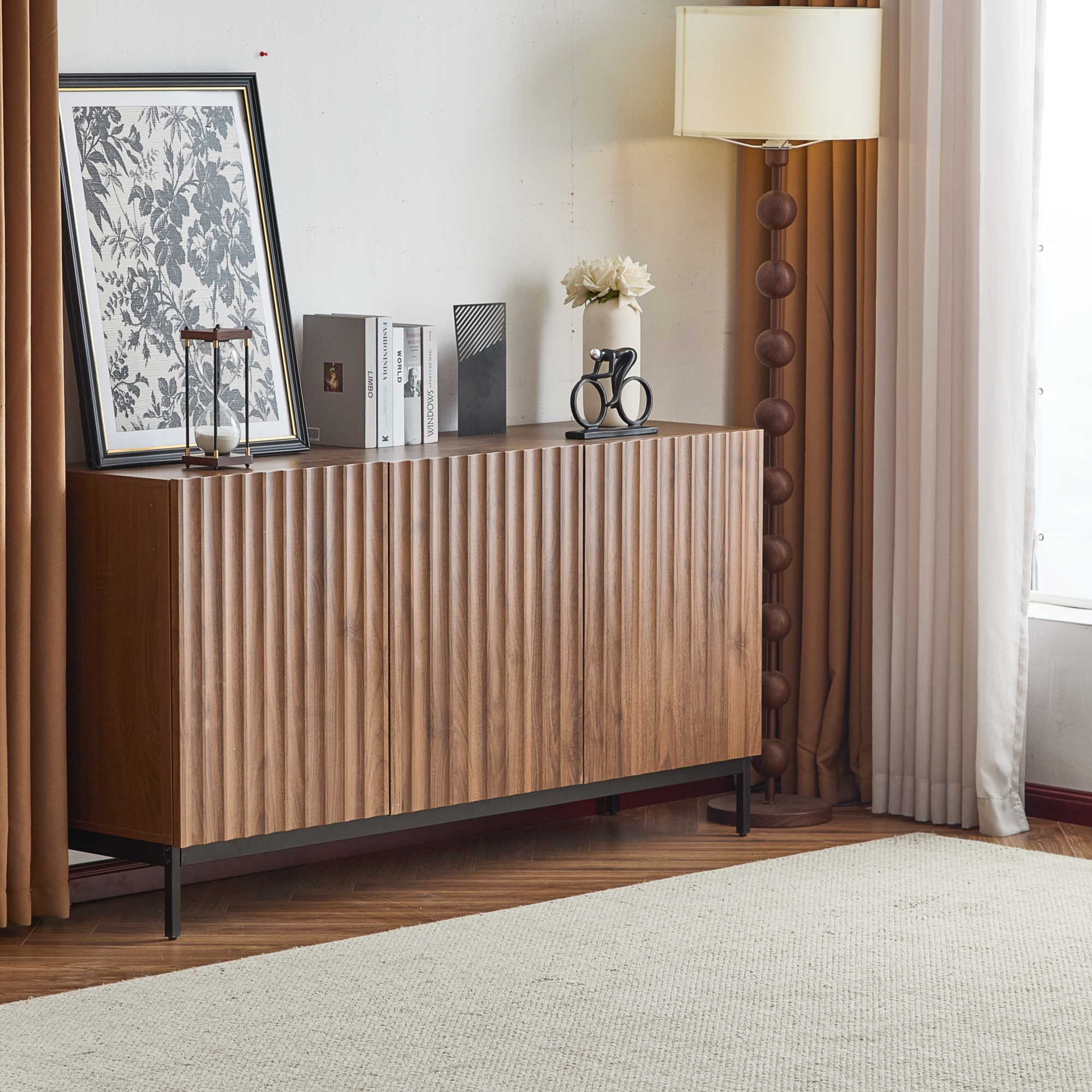 Buffet, étagères réglables, 150x40x80cm, MDF, bois naturel - vue 3