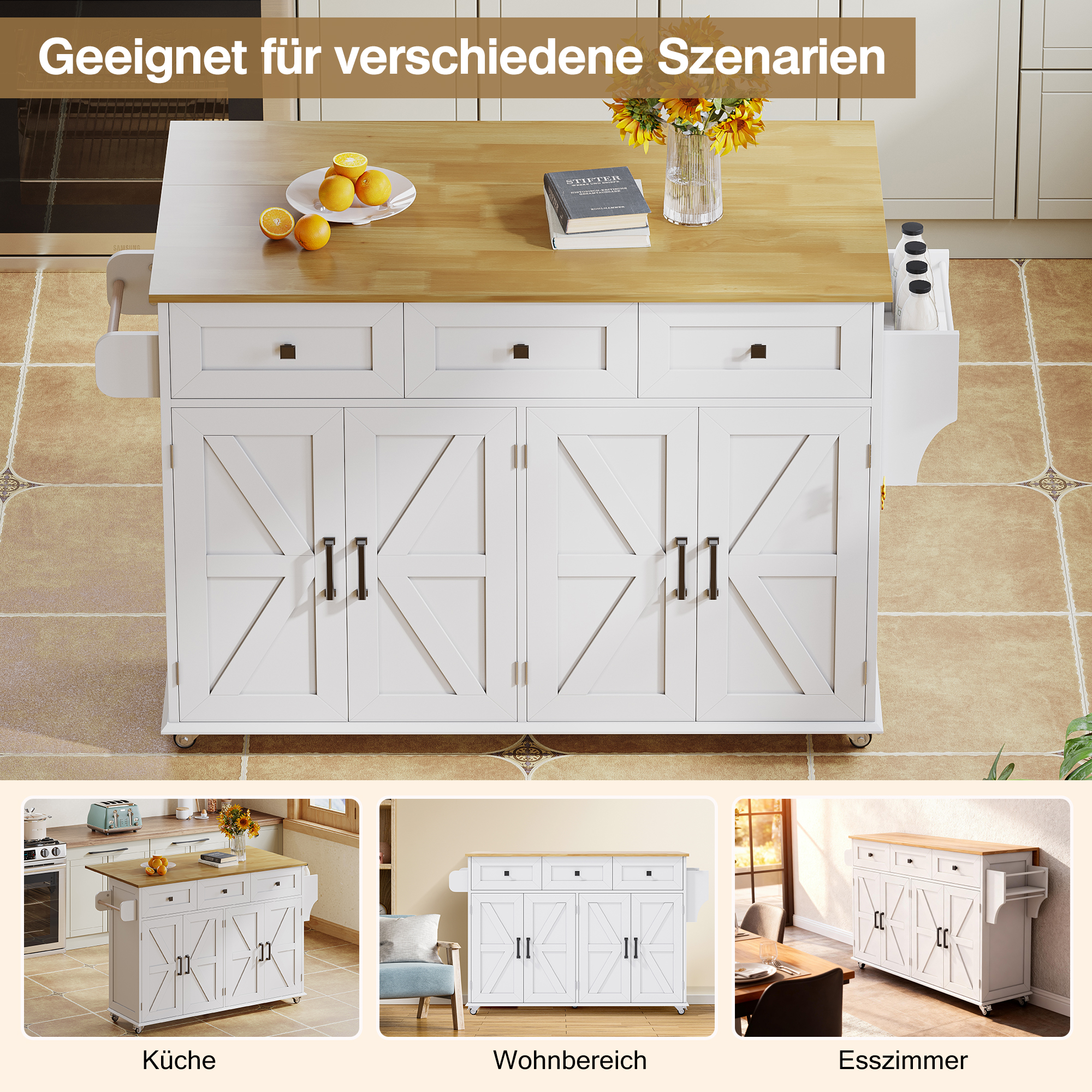 Kücheninsel mit klappbarer Arbeitsplatte, ausgesta