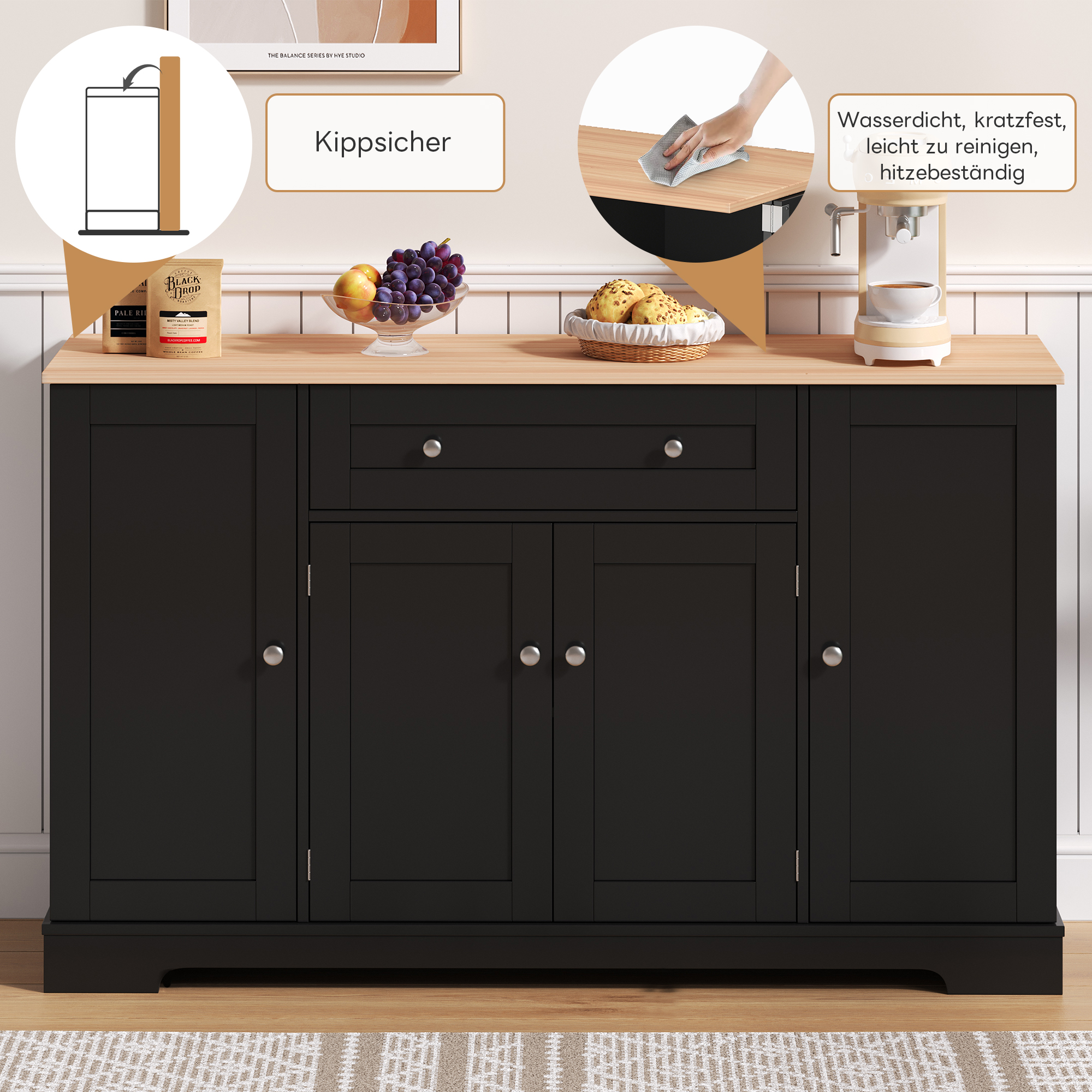 Buffet, avec tiroirs, étagères réglables, MDF, noir - vue 5