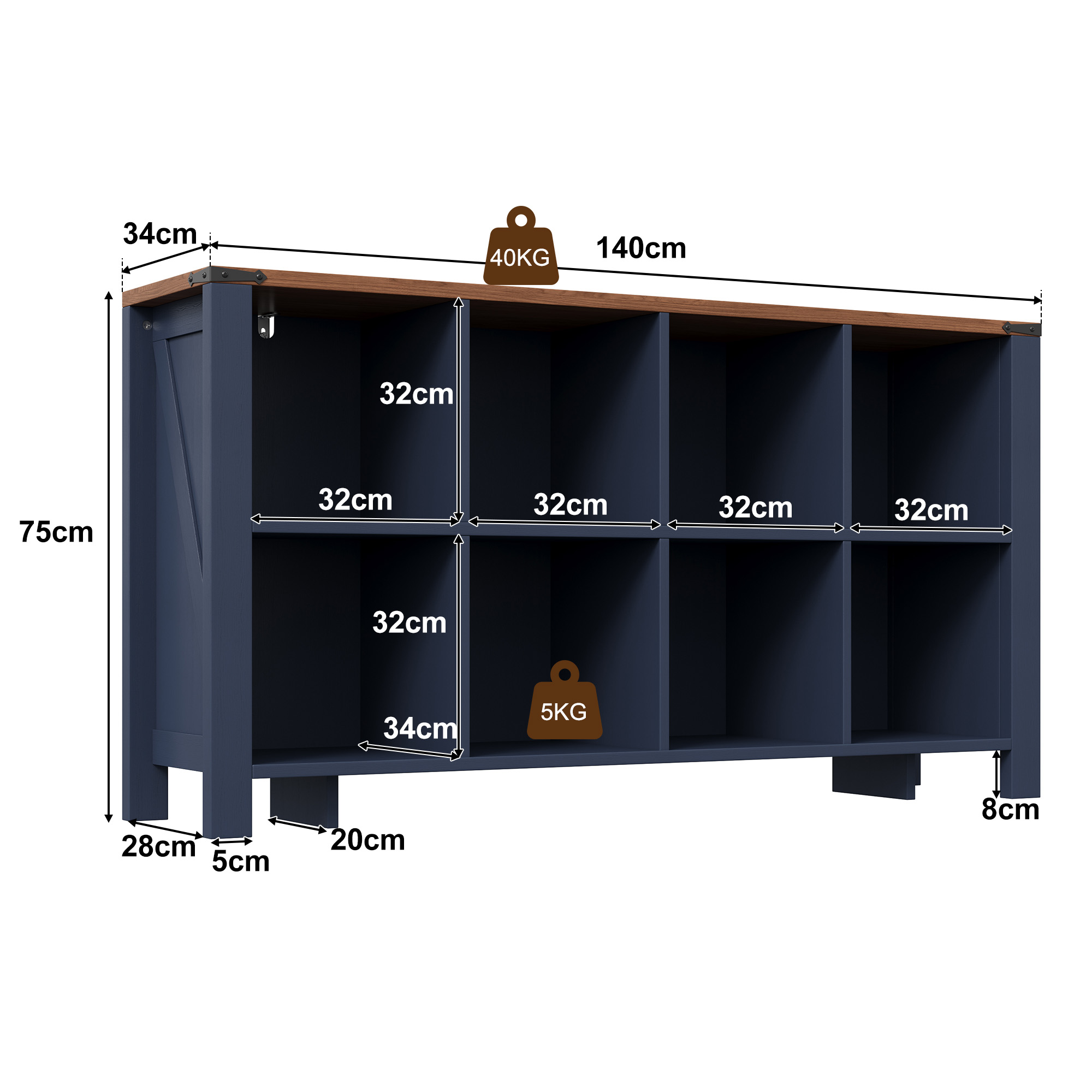 Buffet de rangement, 140 x 34 x 75 cm, MDF, bleu - vue 4