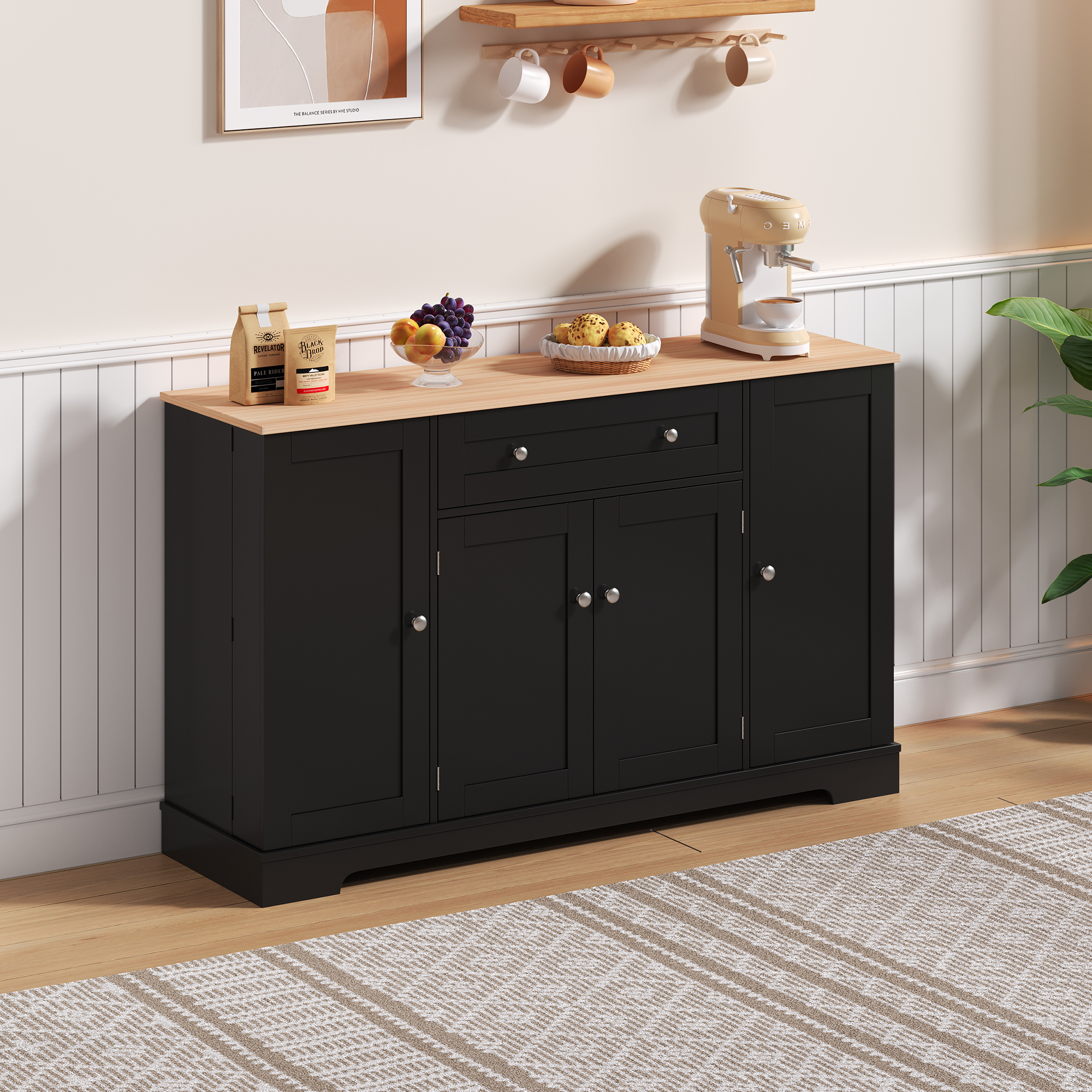 Buffet, avec tiroirs, étagères réglables, MDF, noir - vue 4