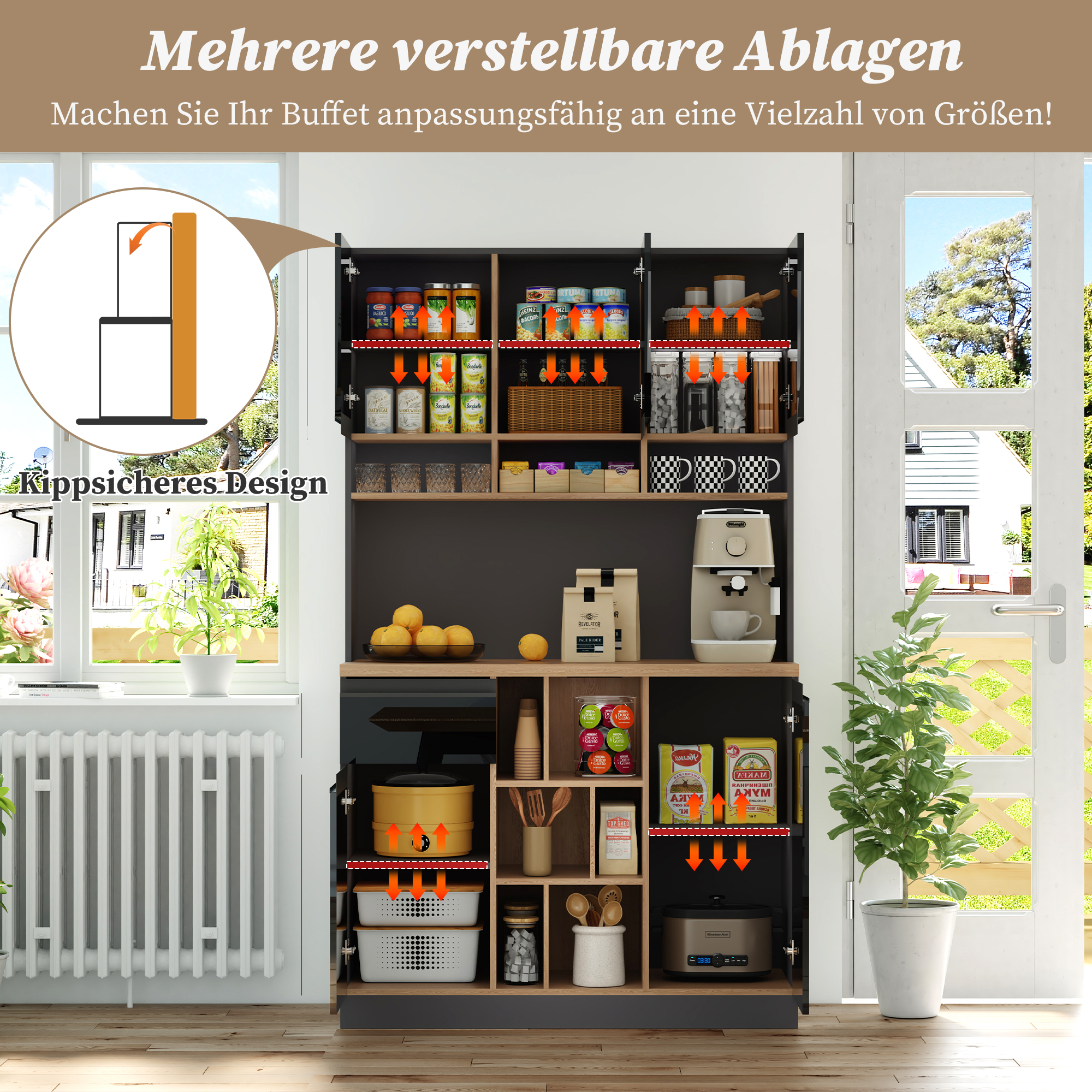 Buffet, rangement intégré, avec tiroirs, étagères réglables, 105 x 45 x 185 cm, métal et MDF, noir - vue 2