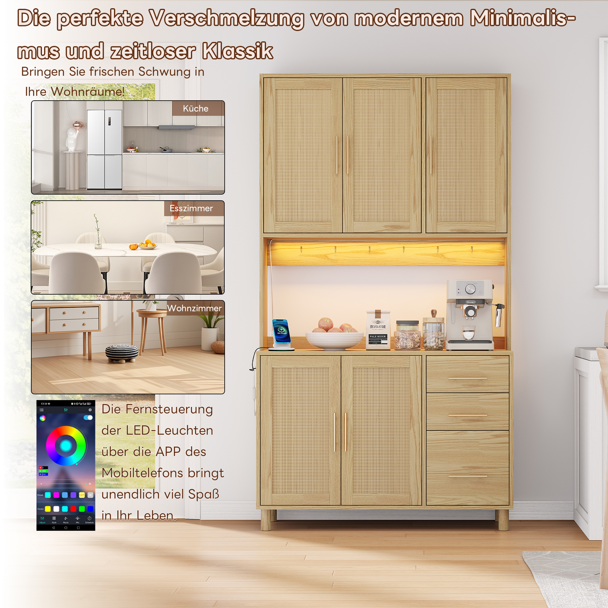 Buffet, ports USB, avec tiroirs, étagères réglables, éclairage led, 100 x 40 x 183 cm, métal et MDF, bois naturel - vue 4