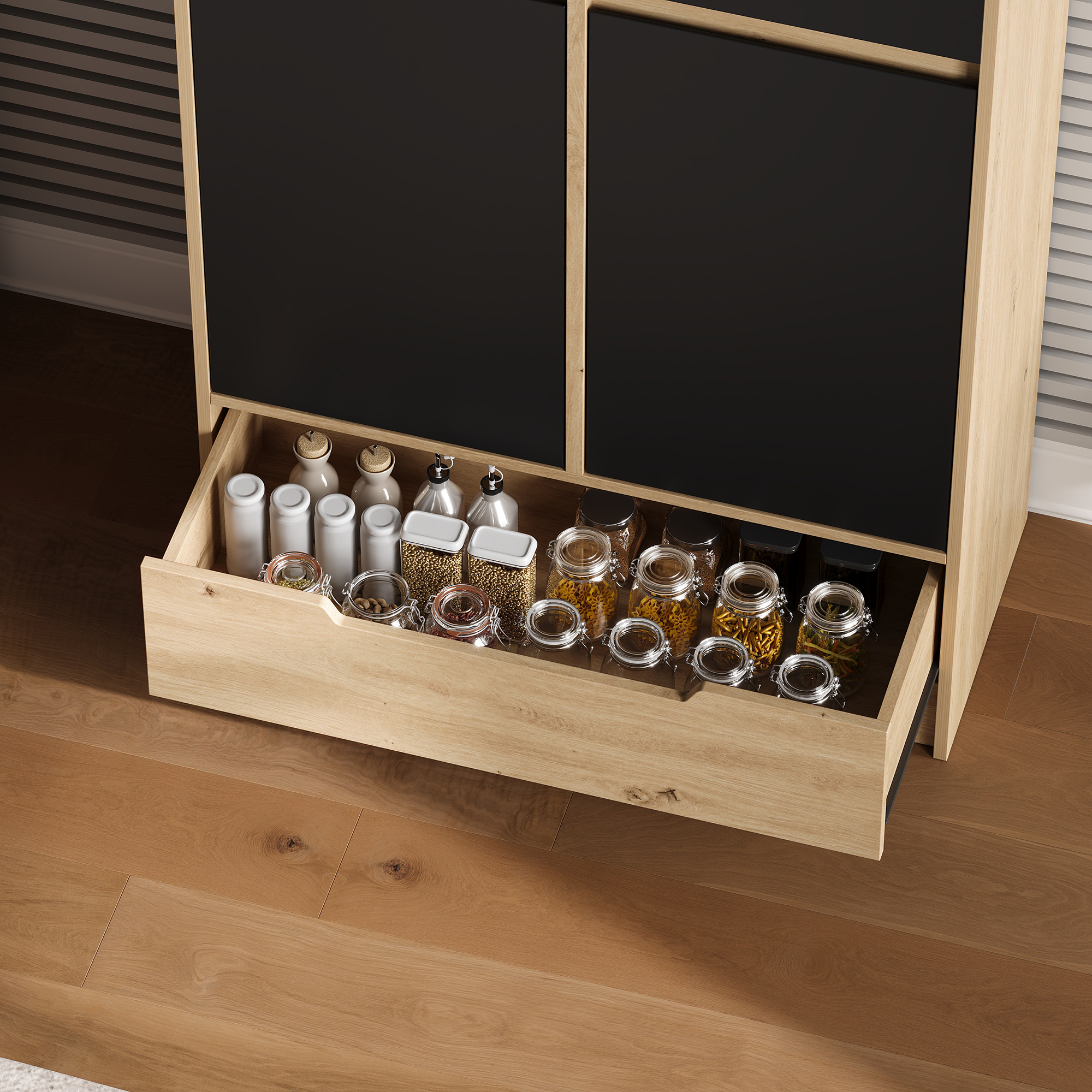 Buffet de cuisine, étagères réglables, 1 tiroir, 80 x 35 x 180 cm, MDF, noir et bois naturel - vue 6