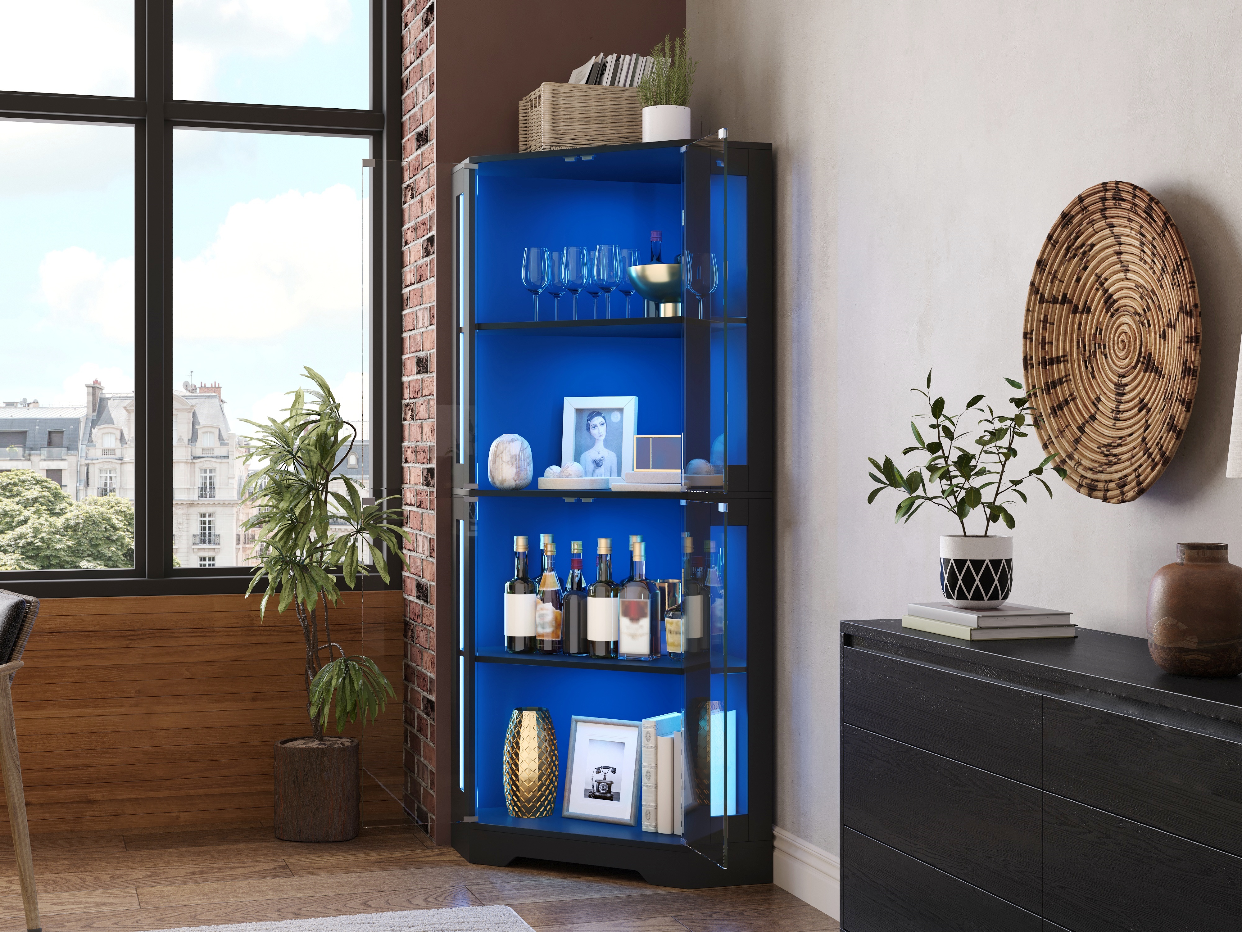 165 cm hoher Glasvitrinenschrank mit LED, 4-stufig