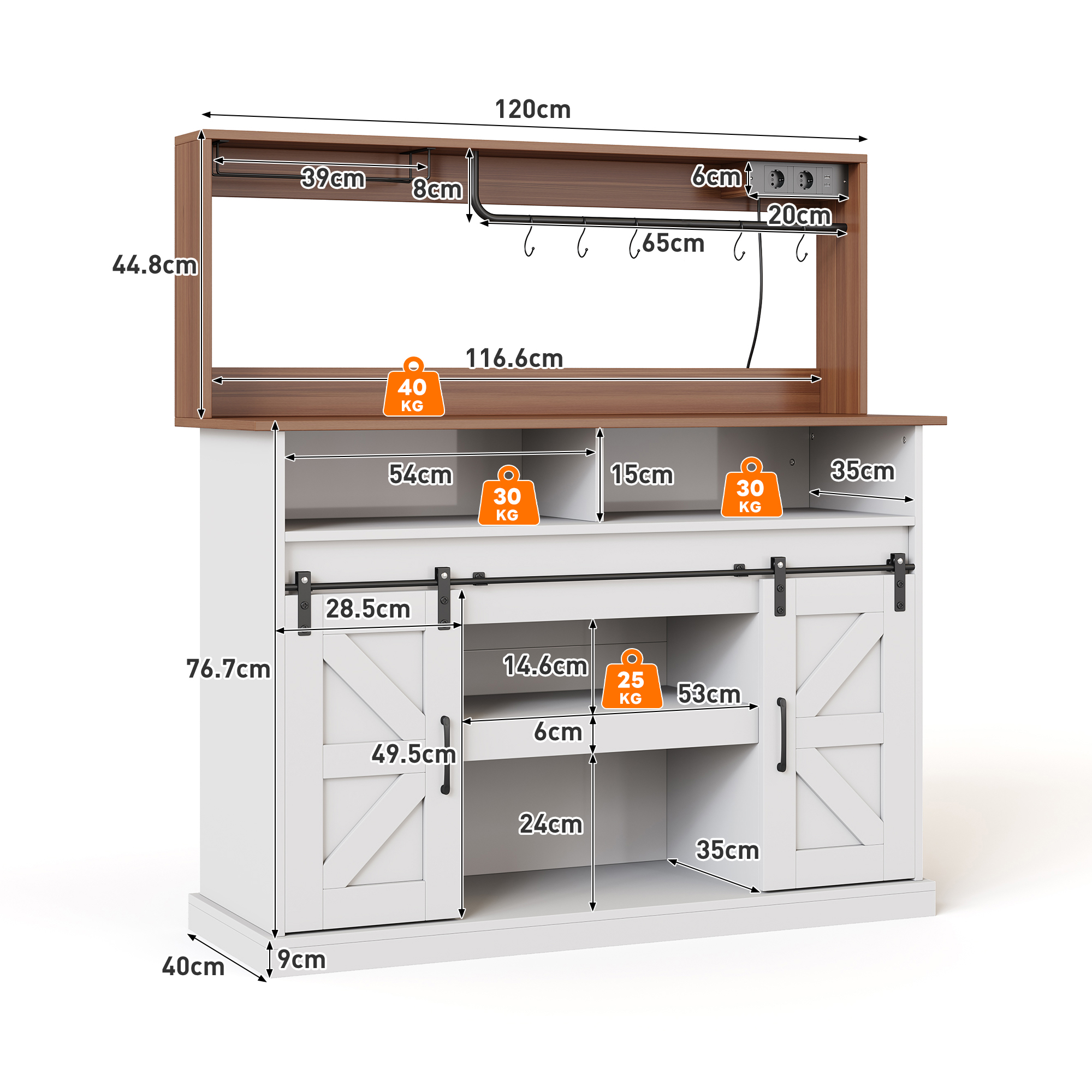 Buffet, ports USB, rangement intégré, prises et recharge intégrées, 120 x 40 x 130 cm, MDF, bois naturel - vue 4
