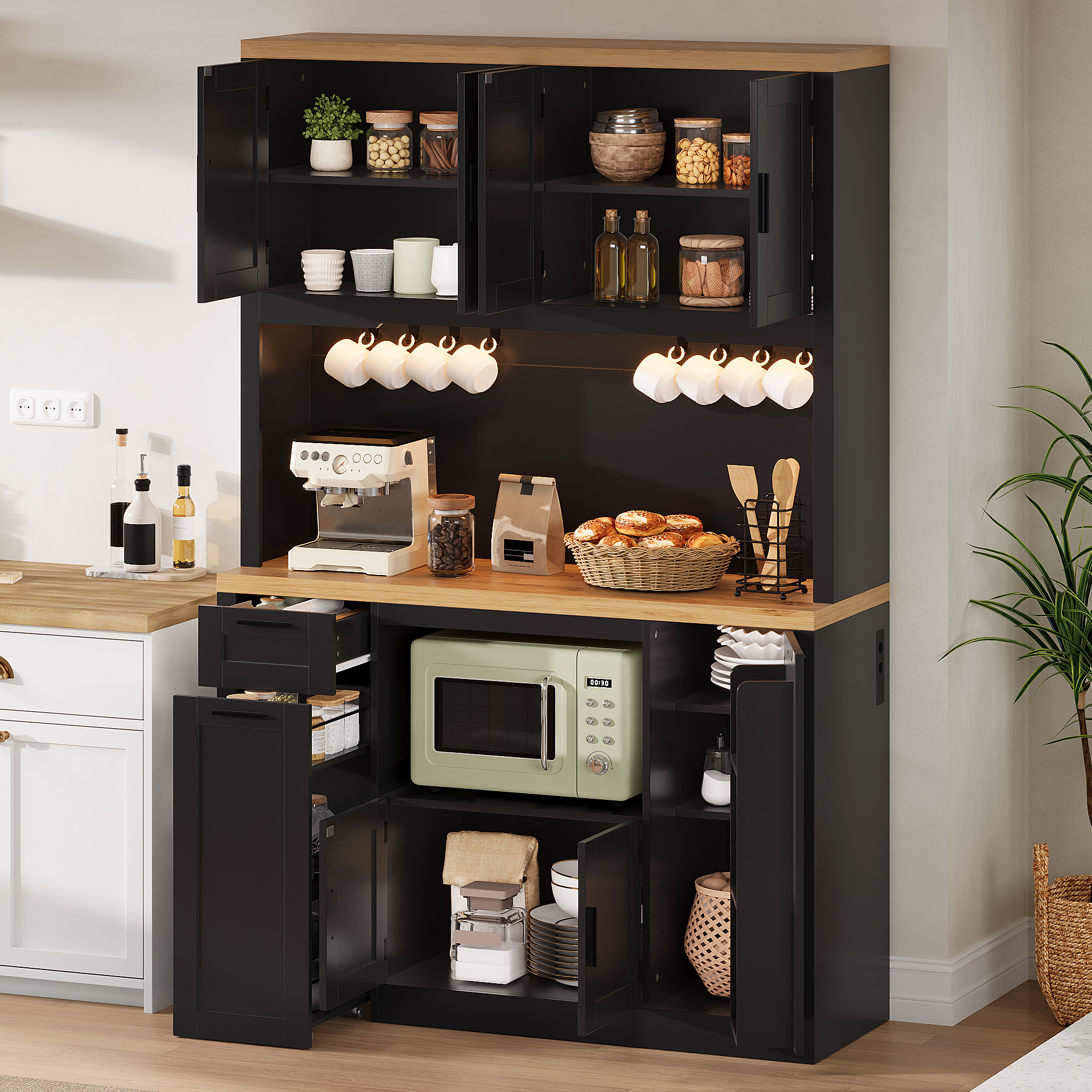 Vitrine, avec tiroirs, étagères réglables, éclairage led, 120 x 40 x 182 cm, MDF, bois naturel - vue 4