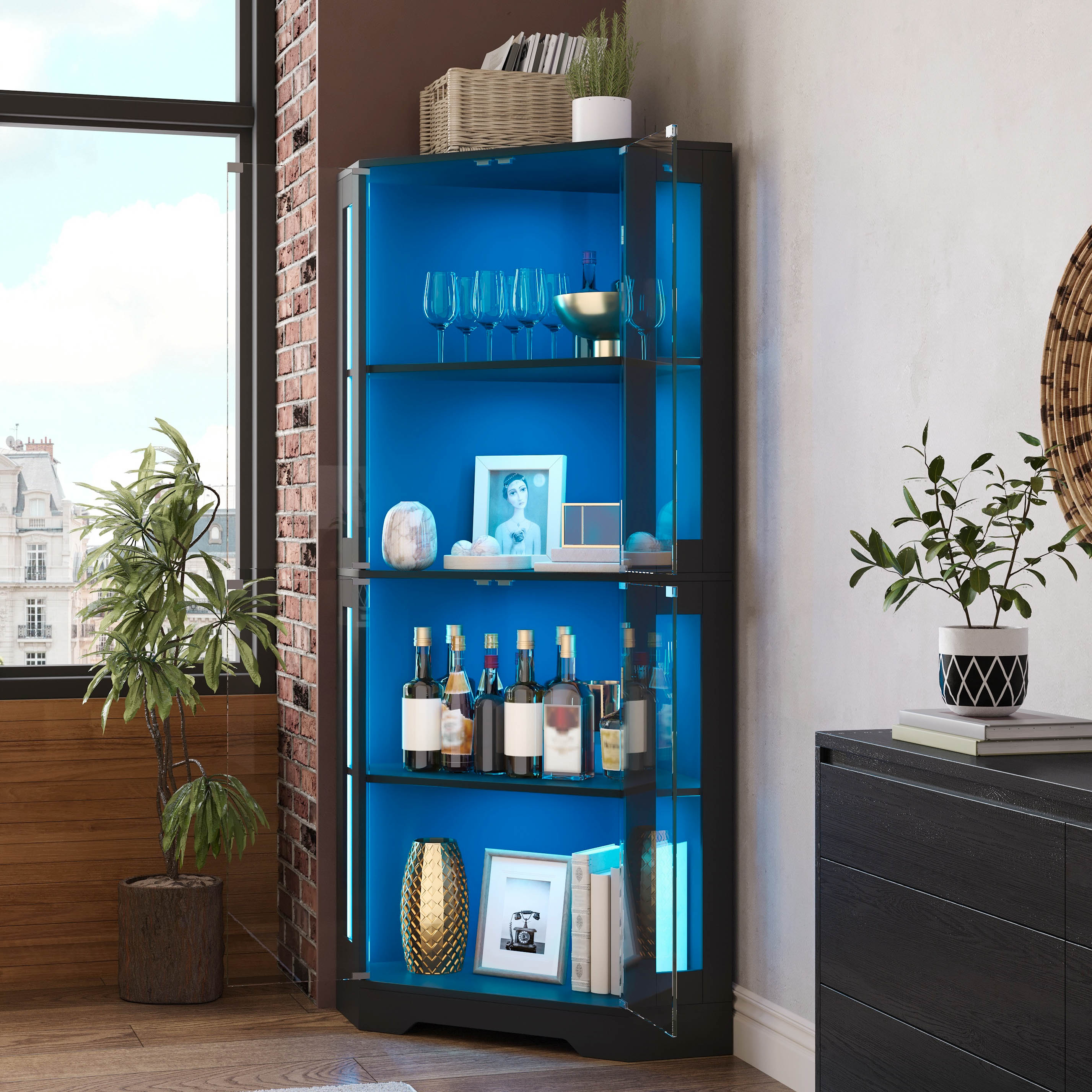 Vitrine, éclairage led, éléments en verre, 60 x 60 x 165 cm, verre et MDF, noir - vue 3